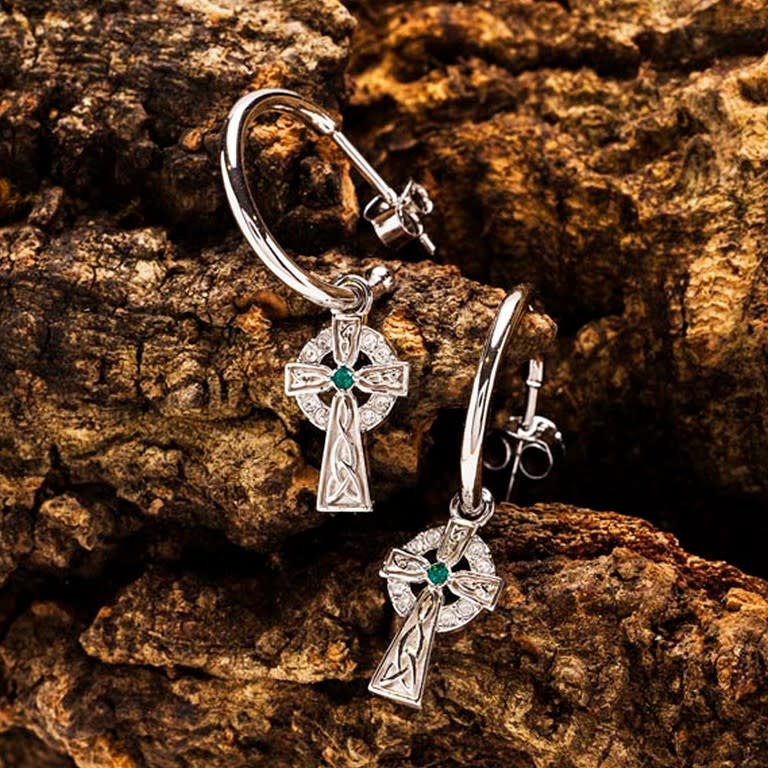 EARRINGS SHANORE STERLING CROSS HOOP EARRINGS w GRN & WHT CRYSTALS