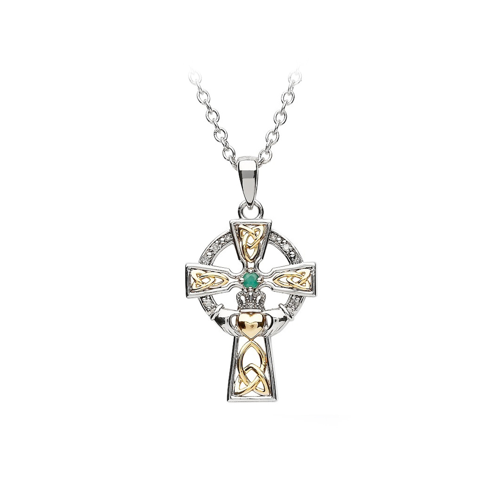 PENDANTS & NECKLACES SHANORE SML STERLING w. GP HEART TRIN/CLAD CROSS w EM & DIA