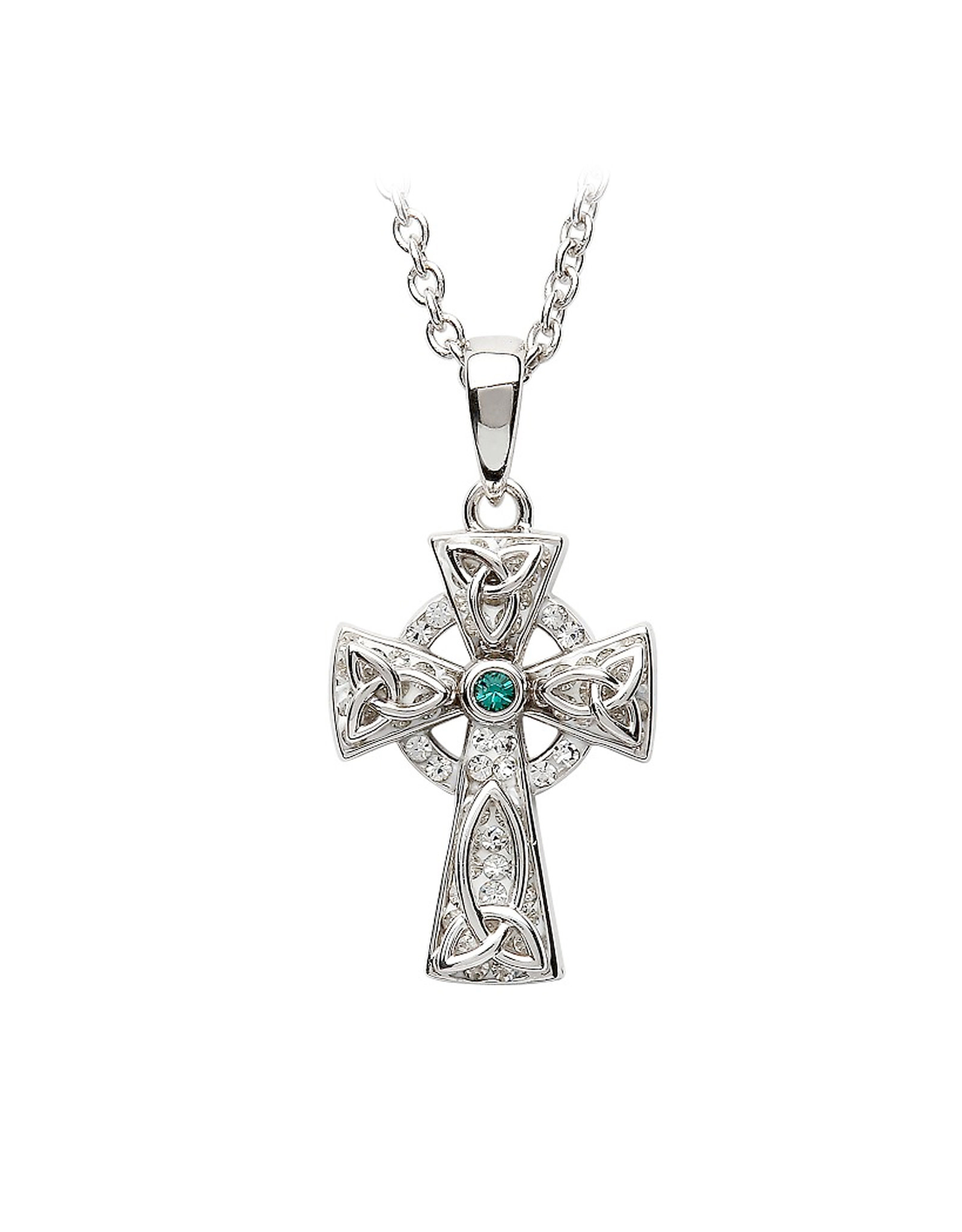 CROSSES SHANORE STERLING CELTIC CROSS PENDANT w GRN & WHT CRYSTALS