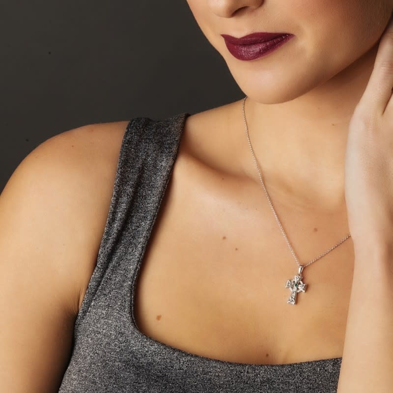 CROSSES SHANORE STERLING CELTIC CROSS PENDANT w GRN & WHT CRYSTALS