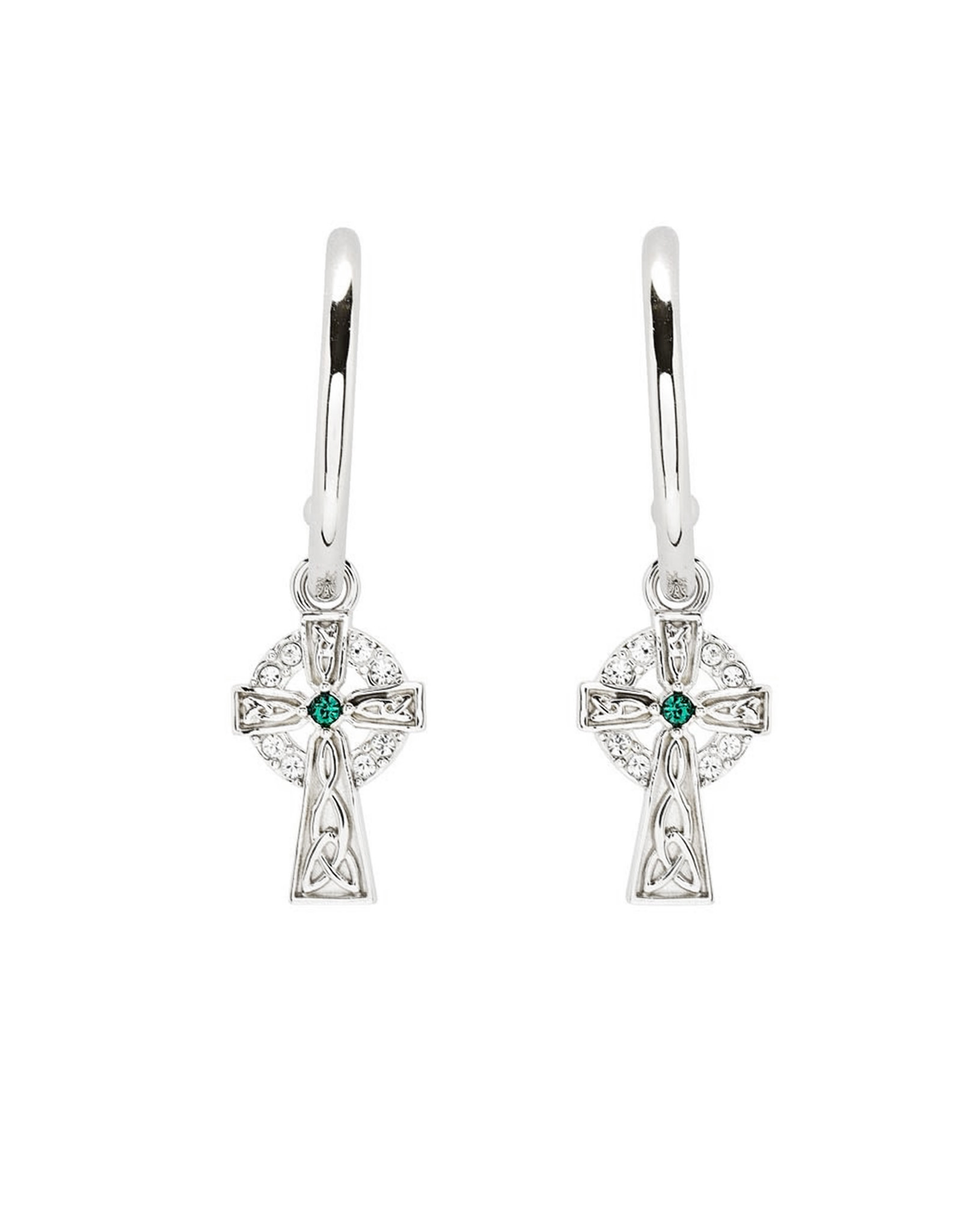 EARRINGS SHANORE STERLING CROSS HOOP EARRINGS w GRN & WHT CRYSTALS