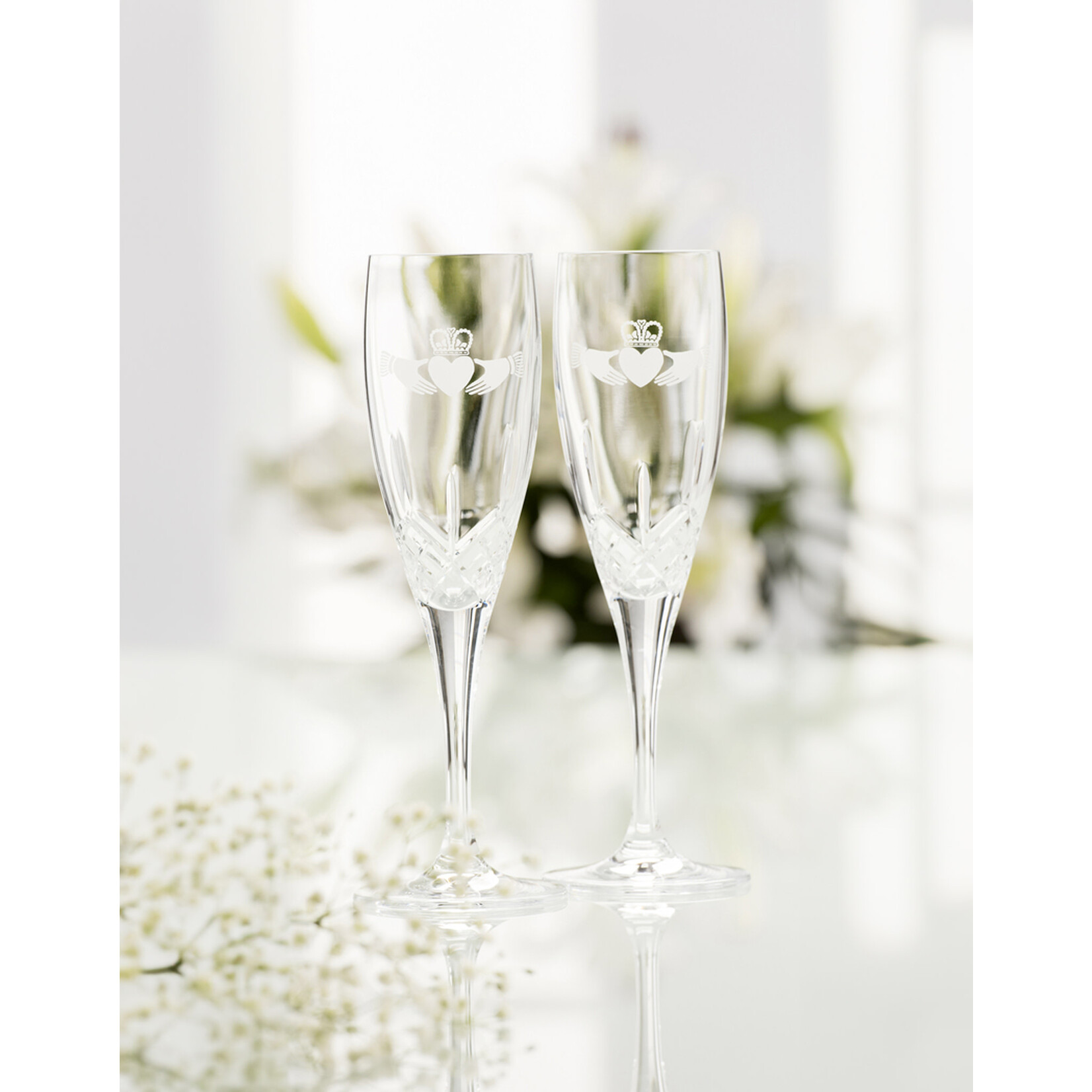 WEDDING GALWAY CRYSTAL FLUTE PAIR - Claddagh