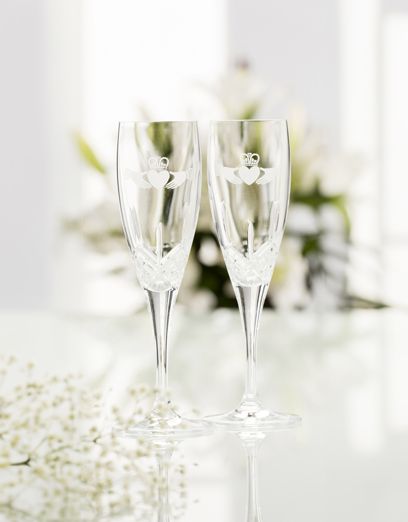 WEDDING GALWAY CRYSTAL FLUTE PAIR - Claddagh