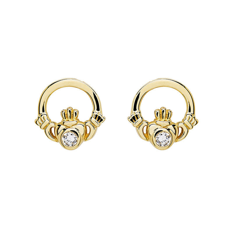 EARRINGS SHANORE 14K GOLD CLADDAGH EARRINGS w LAB DIAMOND