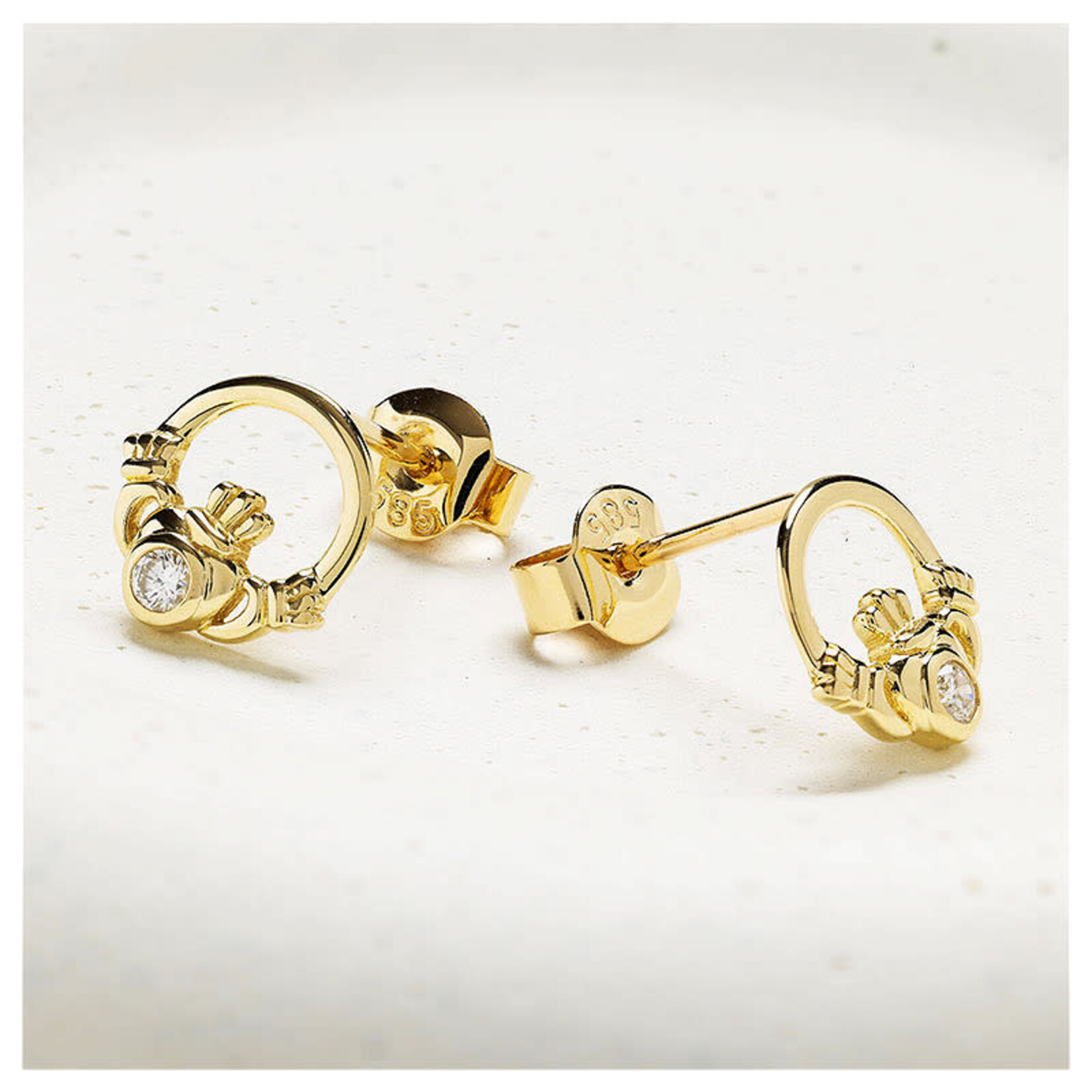 EARRINGS SHANORE 14K GOLD CLADDAGH EARRINGS w LAB DIAMOND