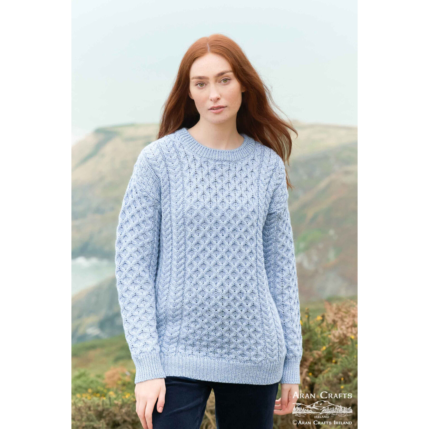 SWEATERS UNISEX ARAN IRISH KNIT CREW NECK SWEATER - Ice Blue