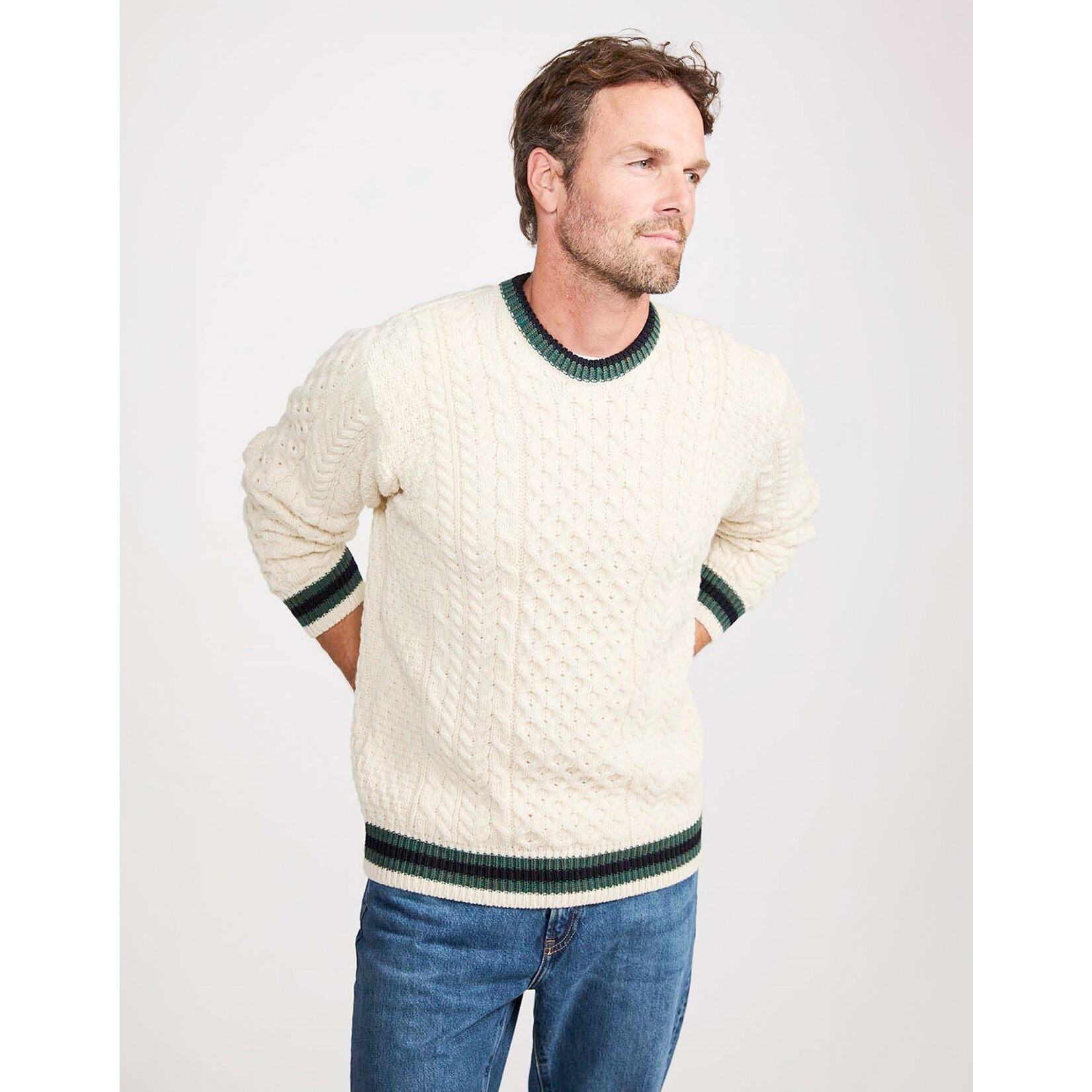 SWEATERS ARAN KNIT STRIPE CREW NECK SWEATER - Natural/Grn