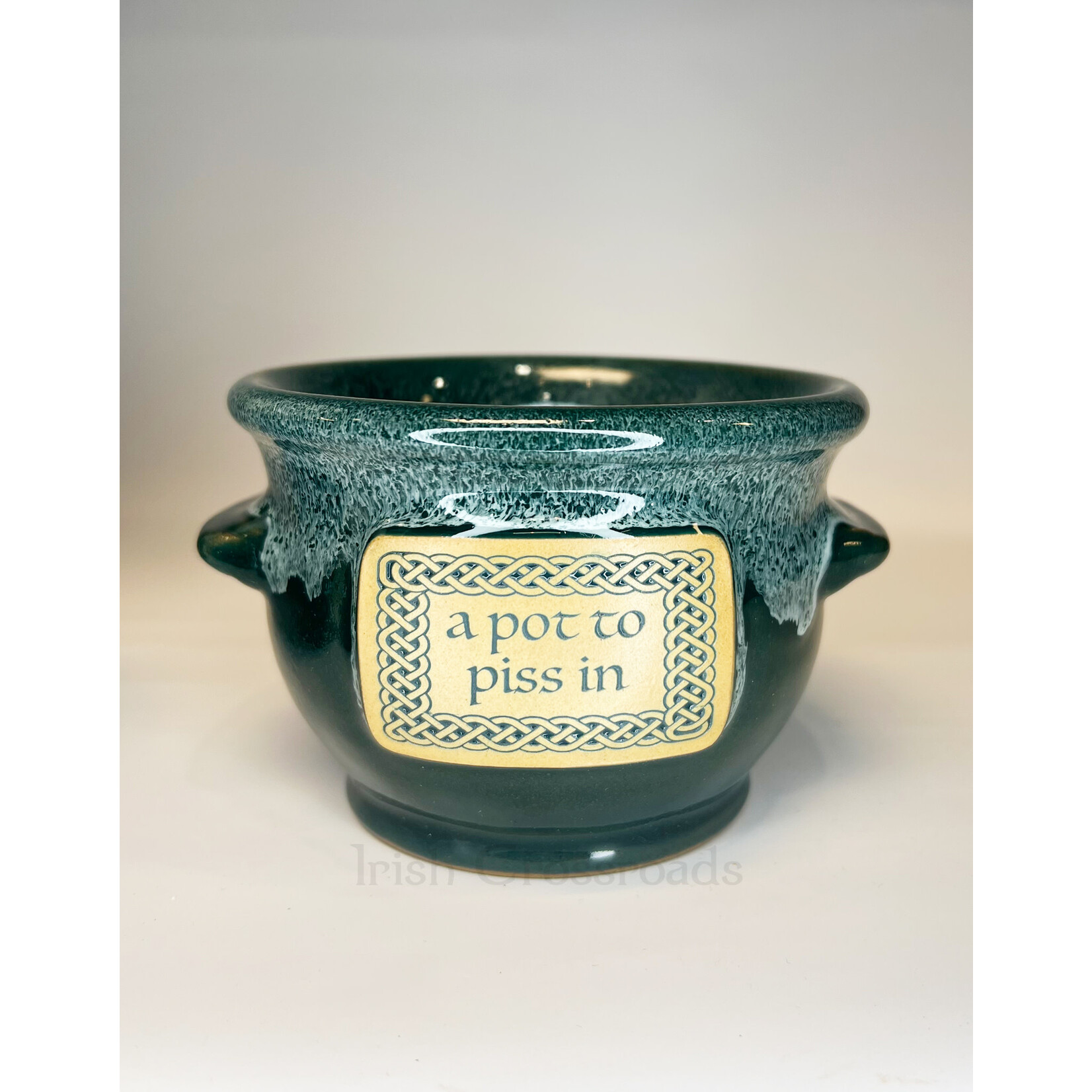NOVELTY "POT TO PISS IN" CROCK - Teal/Wht Marble
