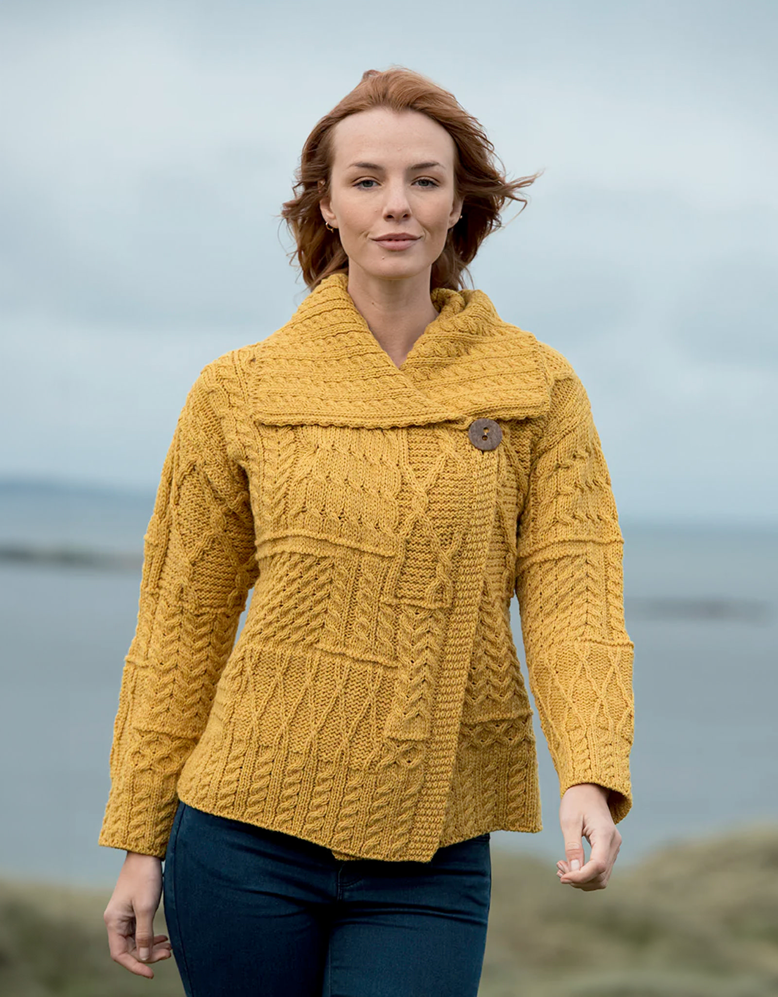 SWEATERS ARAN PATCHWORK ONE BUTTON CARDIGAN - Sunshine