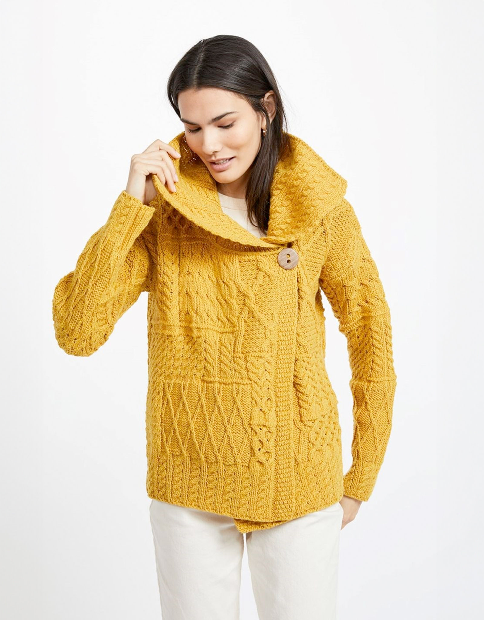 SWEATERS ARAN PATCHWORK ONE BUTTON CARDIGAN - Sunshine
