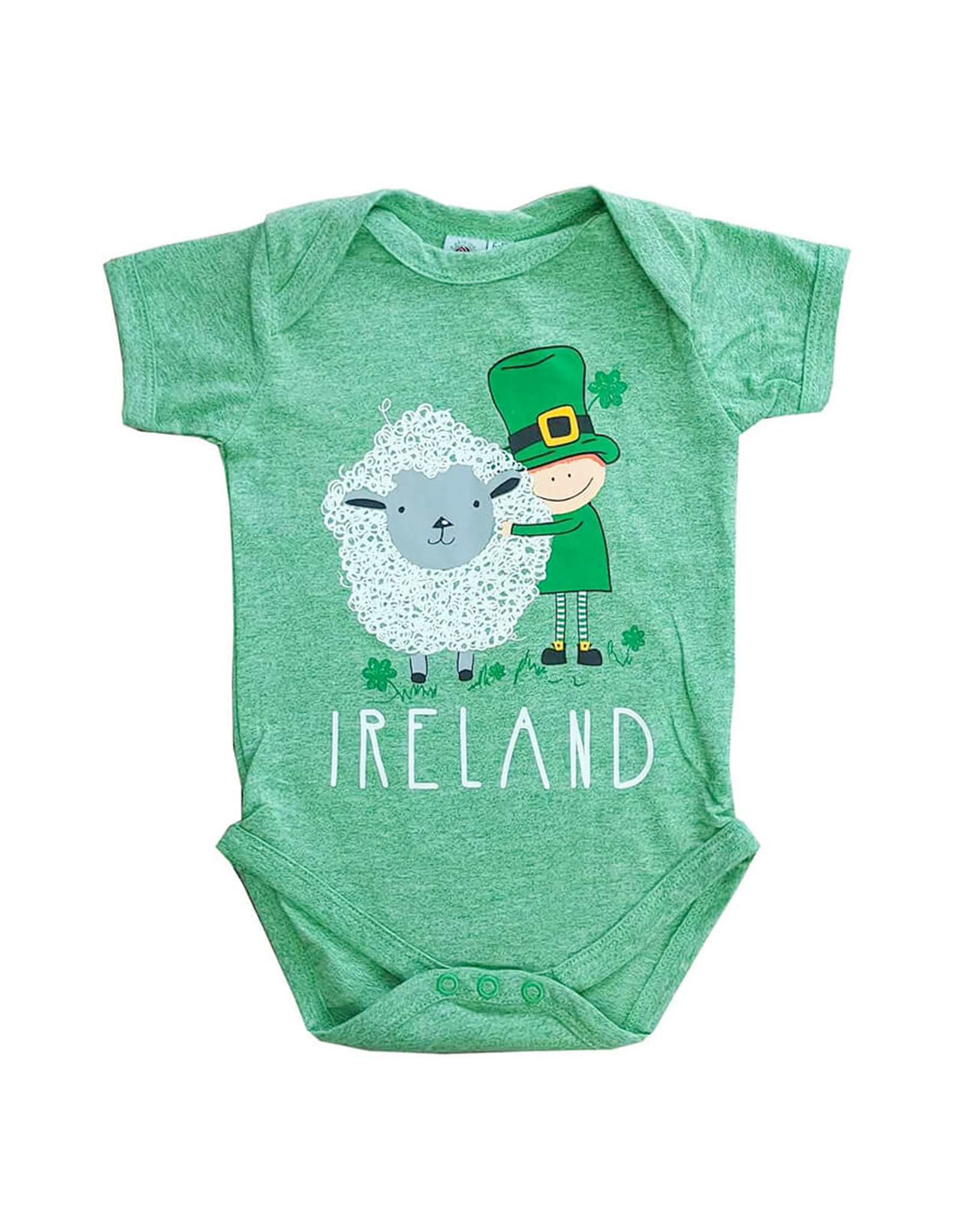BABY CLOTHES GRN MARL ONESIE w/ SHEEP & LEPRECHAUN
