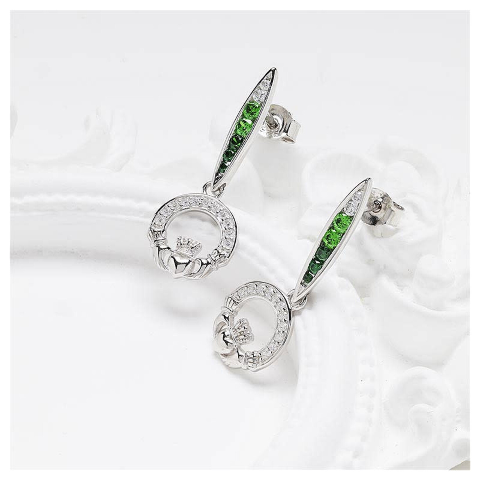 EARRINGS SHANORE STERLING GRN/WHT OMBRE CRYSTAL CLADDAGH EARRINGS