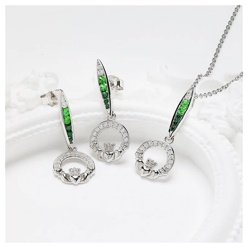 EARRINGS SHANORE STERLING GRN/WHT OMBRE CRYSTAL CLADDAGH EARRINGS