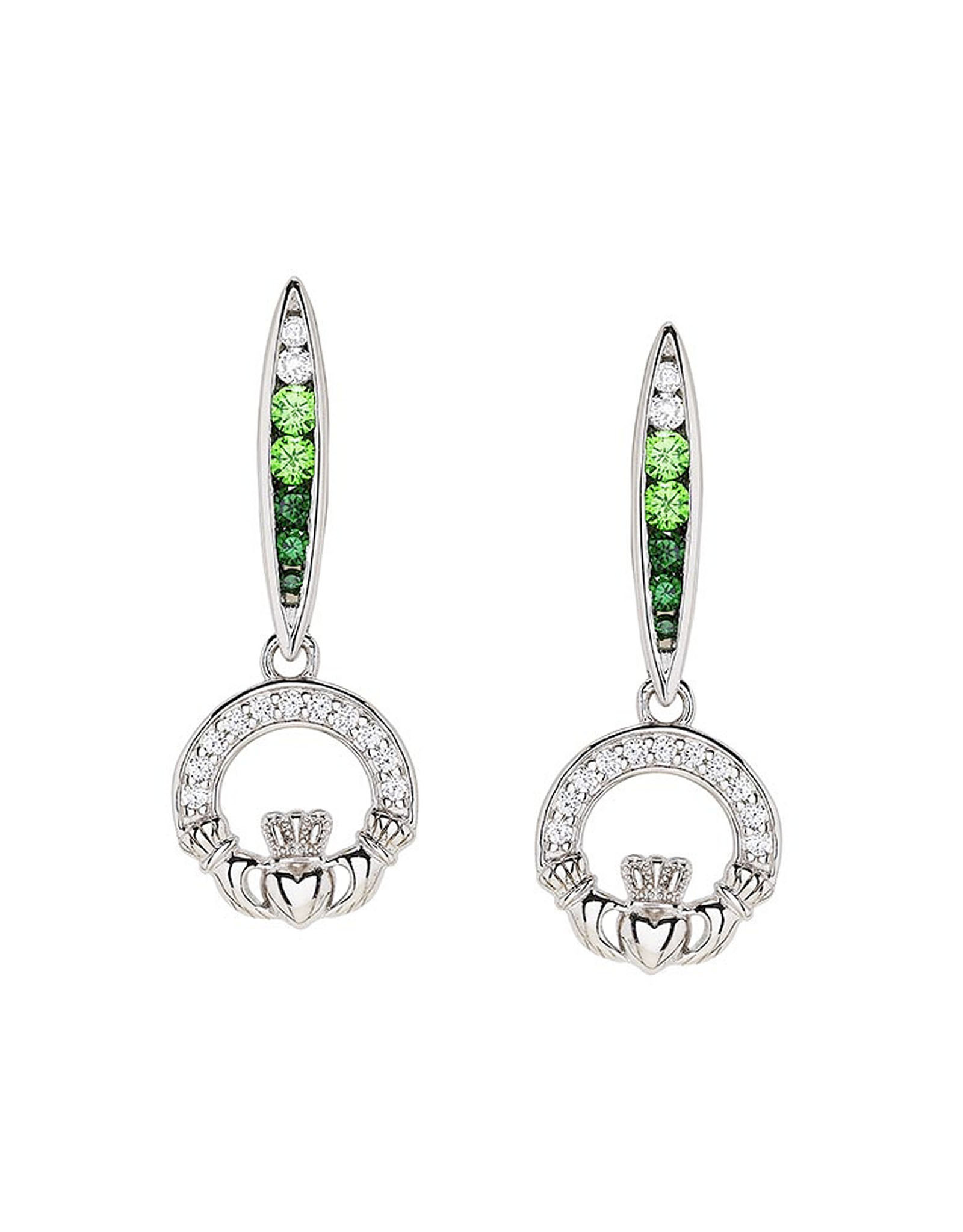 EARRINGS SHANORE STERLING GRN/WHT OMBRE CRYSTAL CLADDAGH EARRINGS