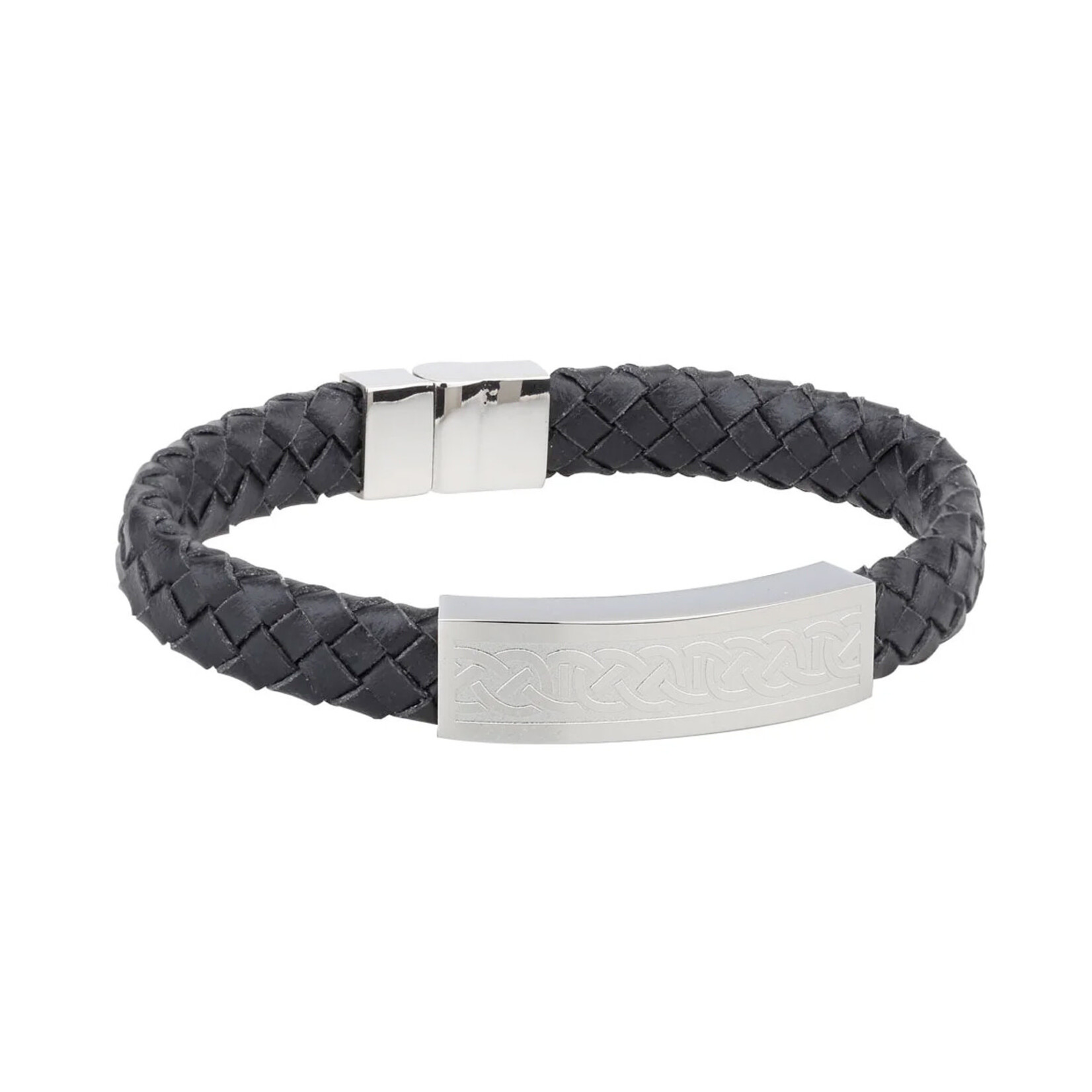 MENS JEWELRY SOLVAR CELTIC MAN STAINLESS STEEL & BLK LEATHER BRACELET