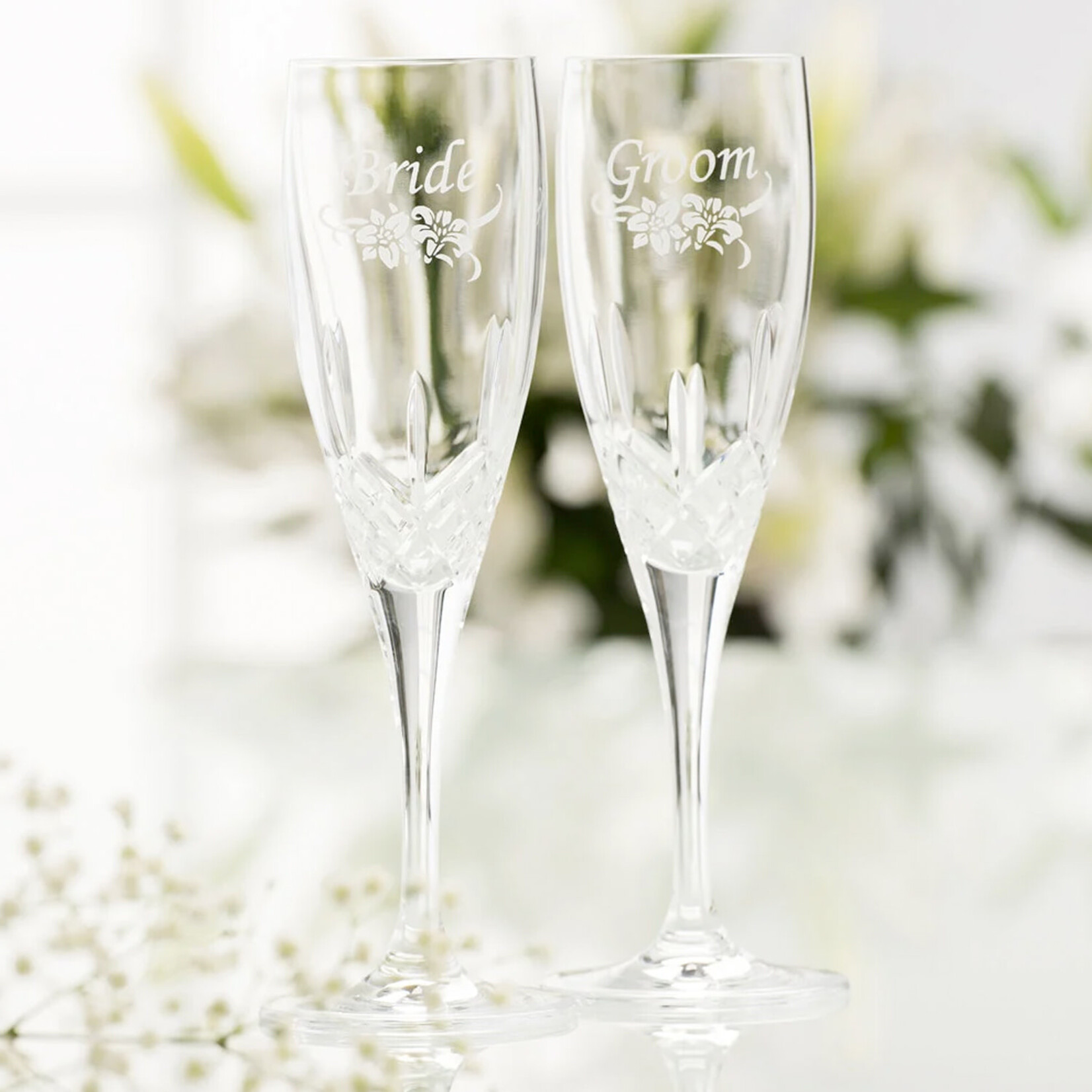 WEDDING FLUTES GALWAY CRYSTAL FLUTE PAIR - Bride & Groom