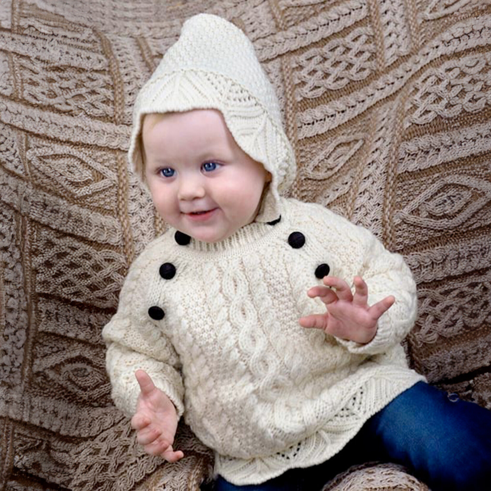 BABY CLOTHES BABY ARAN KNIT HOODIE with BUTTONS - Natural
