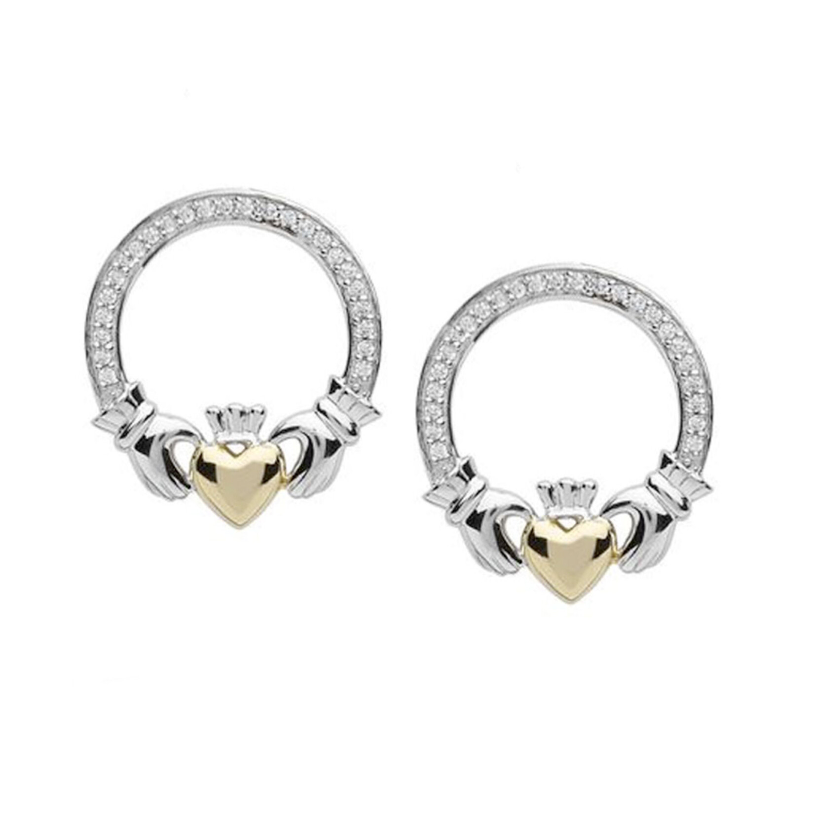 EARRINGS FADO STERLING TWO TONE PAVE SET CLADDAGH EARRINGS