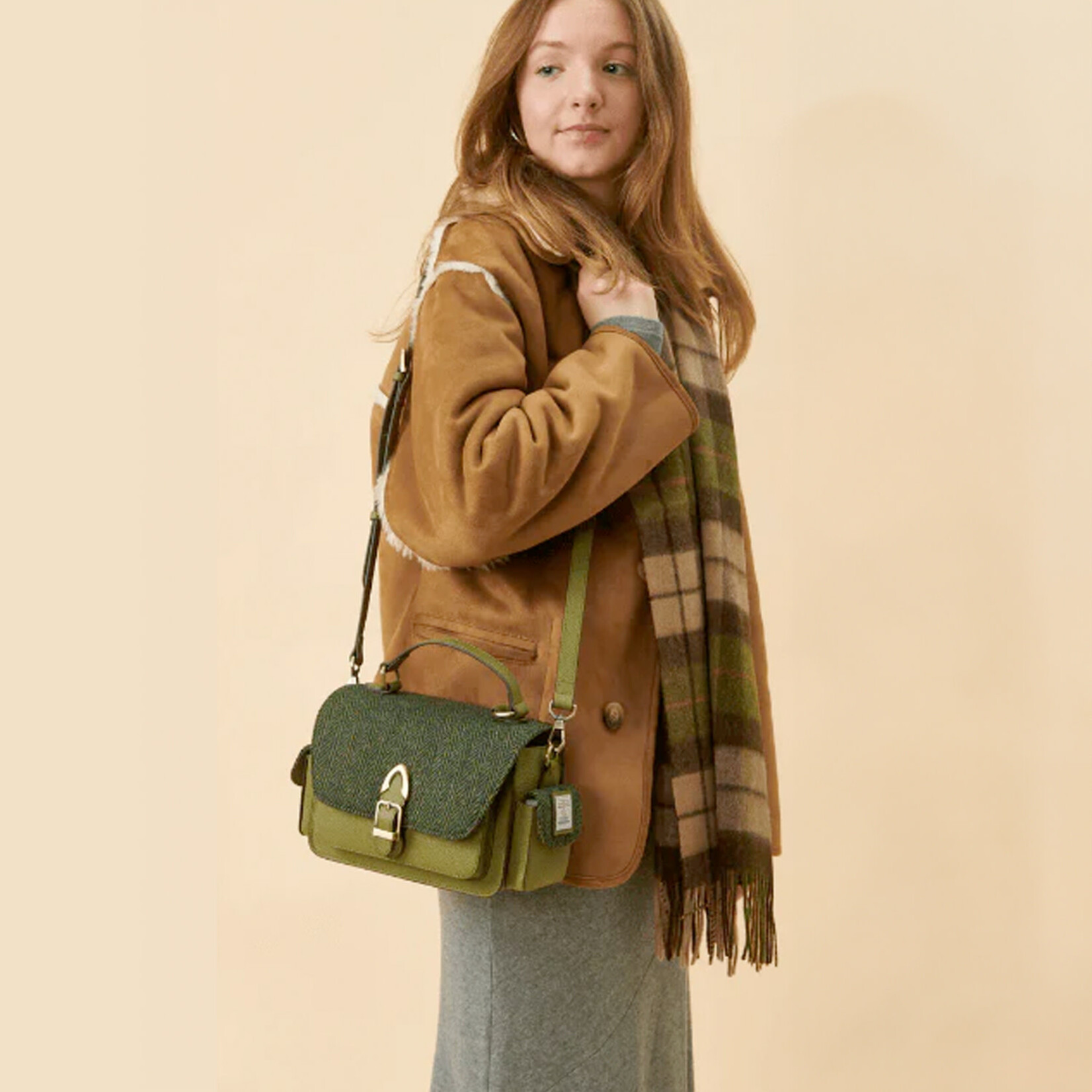 ACCESSORIES ISLANDER MELROSE CROSSBODY w HARRIS TWEED Drk Green Herringbone