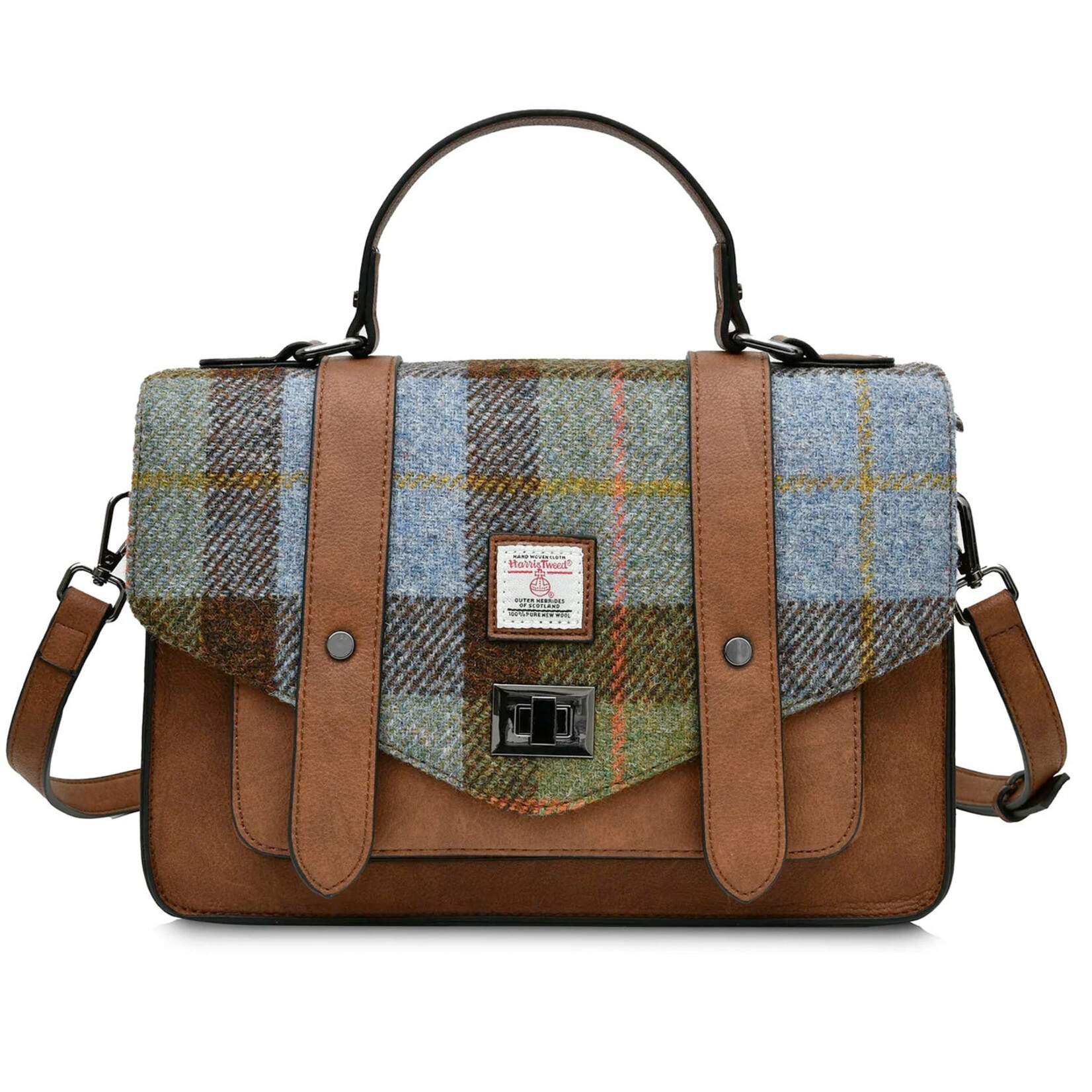 ACCESSORIES ISLANDER LARGE SATCHEL w HARRIS TWEED Chestnut & Blue Tartan