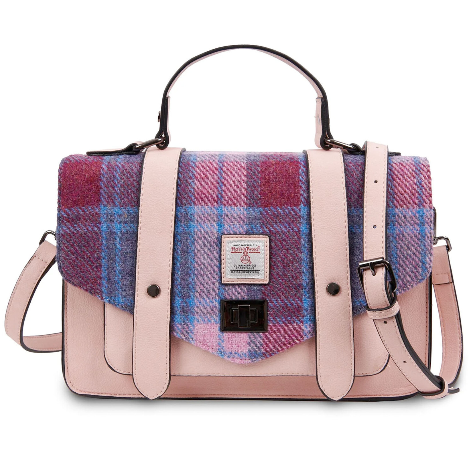 ACCESSORIES ISLANDER LARGE SATCHEL w HARRIS TWEED Pink & Blue Tartan
