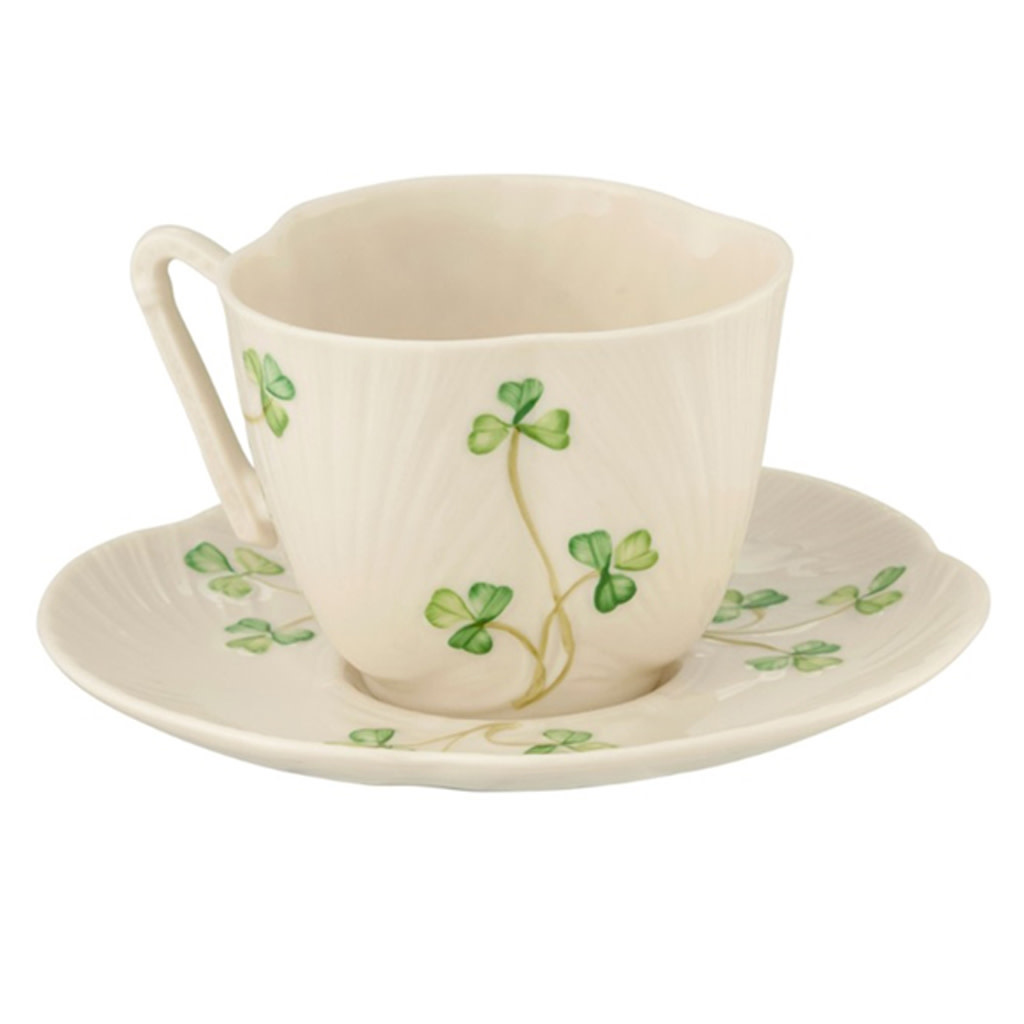 BELLEEK SHAMROCK HARP CUP & SAUCER - Irish Crossroads