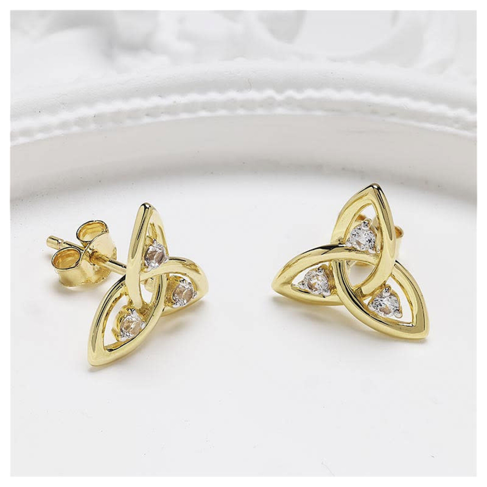 EARRINGS SHANORE GOLD VERMEIL TRINITY POST EARRINGS w WHT SAPPHIRE