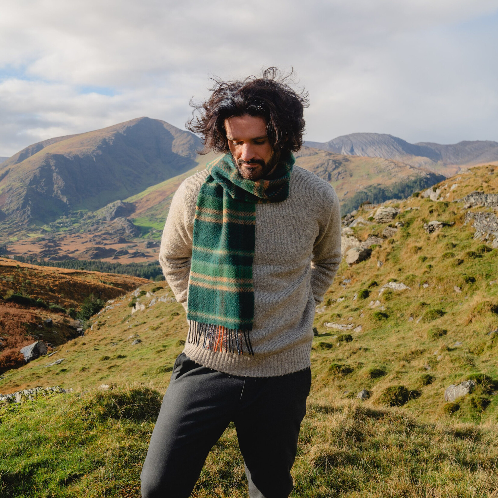 ACCESSORIES IRISH MERINO CASHMERE SCARF - Grn Beige Check