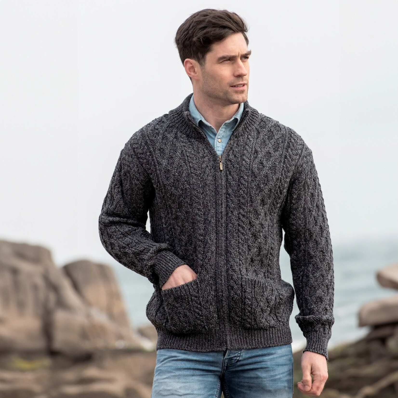SWEATERS DINGLE ZIPPER CARDIGAN with POCKETS - Charcoal Marl