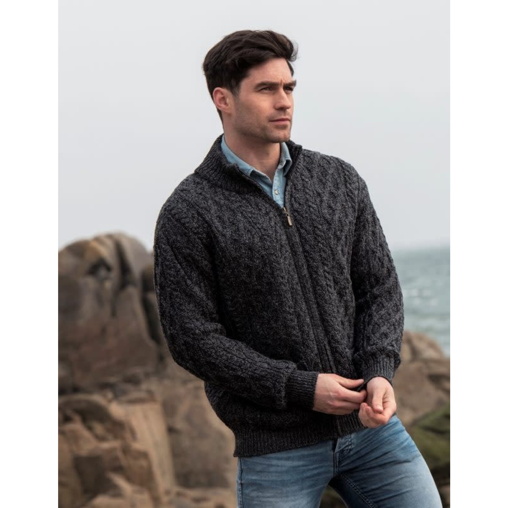 SWEATERS DINGLE ZIPPER CARDIGAN with POCKETS - Charcoal Marl