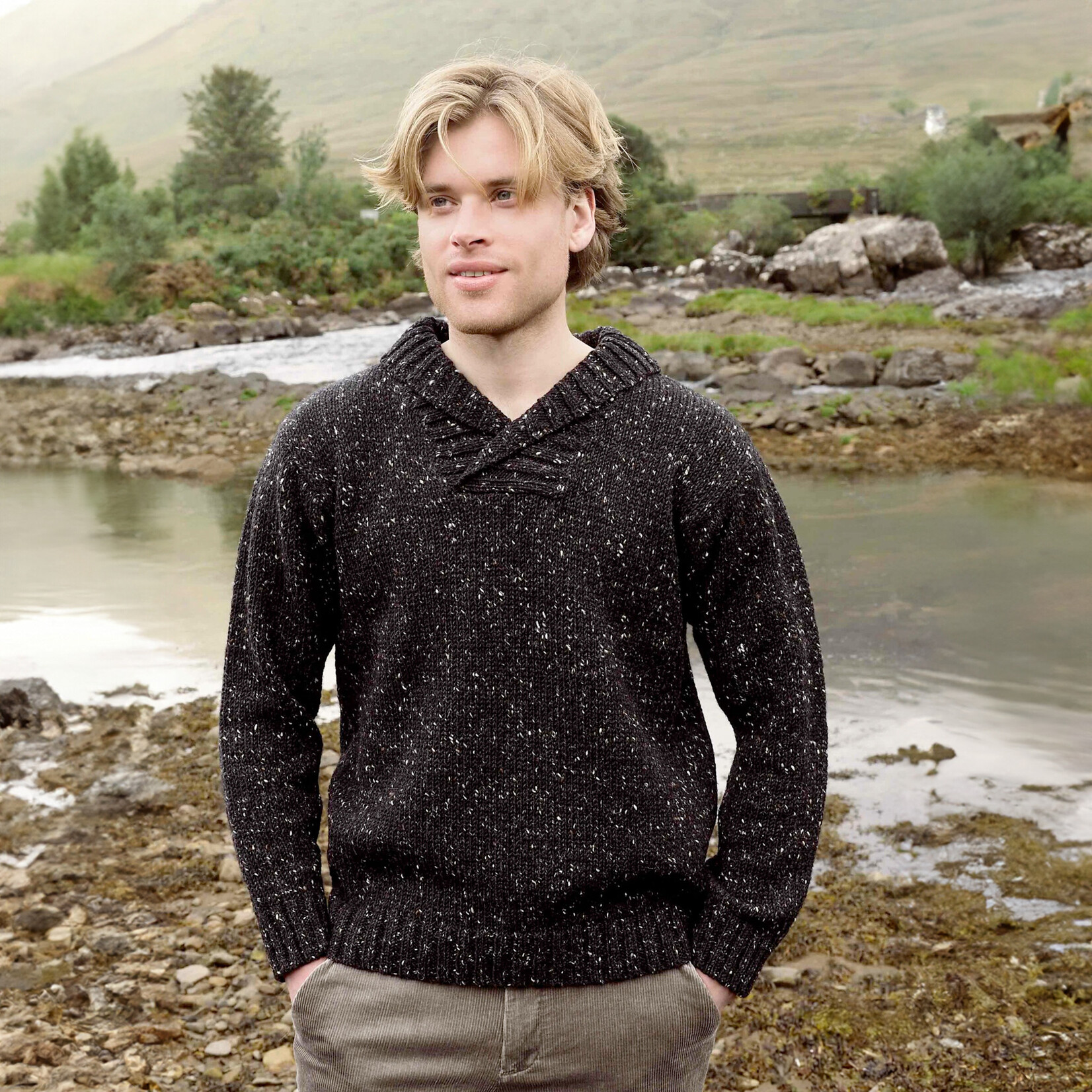 SWEATERS KILLYBEGS SHAWL COLLAR SWEATER - Black Nep