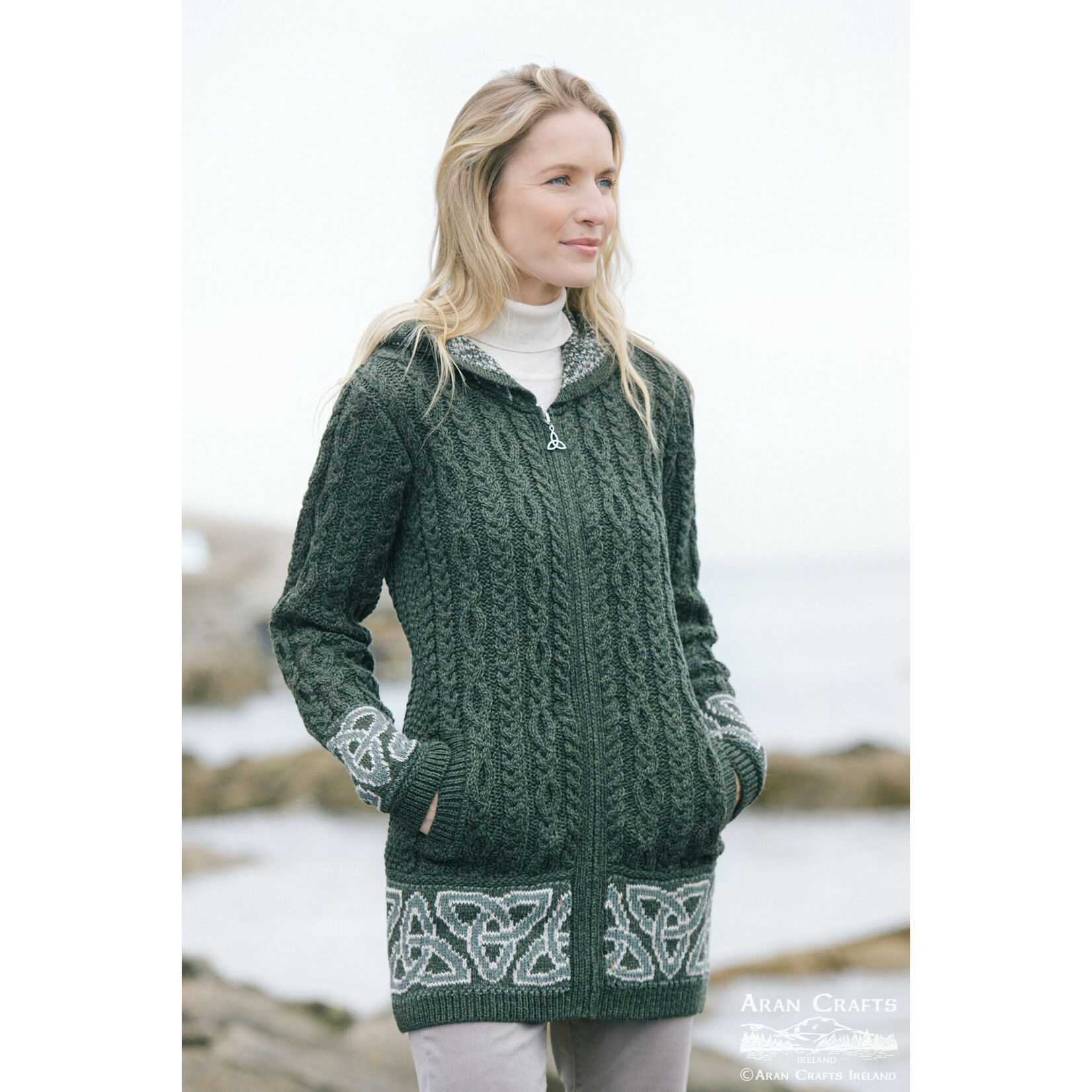 SWEATERS ST. BRIGID CELTIC JACQUARD HOODED COAT - Army Grn