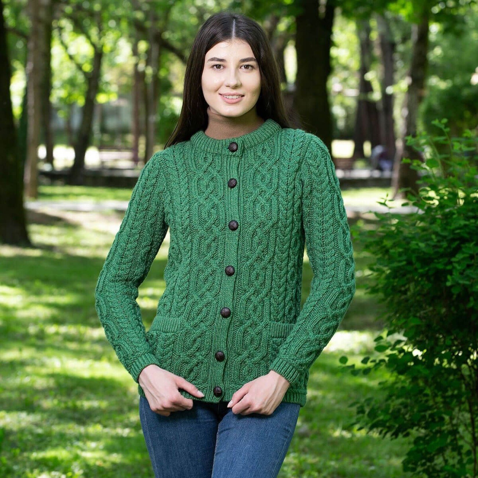 SWEATERS CLEARANCE: SAOL LADIES BUTTON CARDIGAN - Green :FINAL SALE