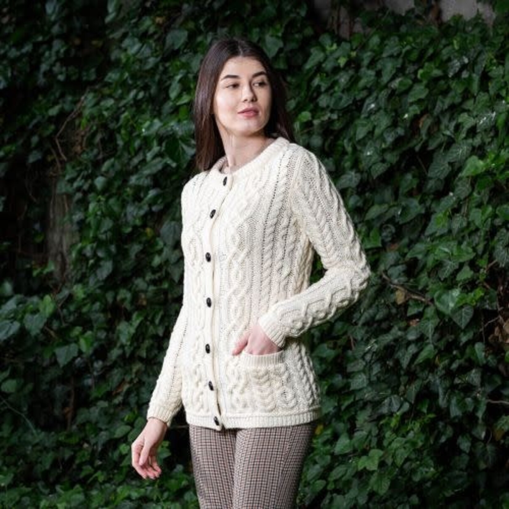 SWEATERS CLEARANCE: SAOL LADIES BUTTON CARDIGAN - Natural :FINAL SALE