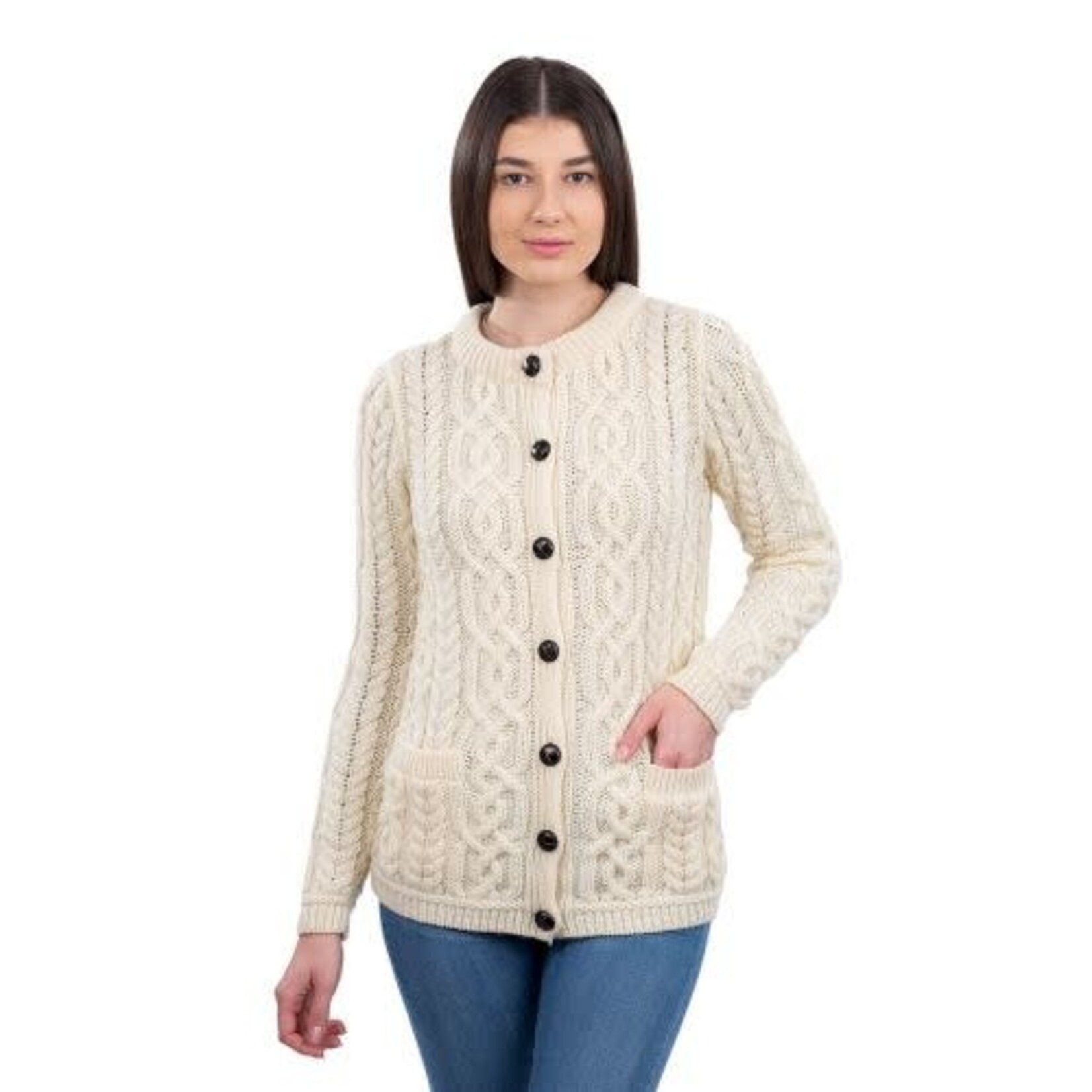 SWEATERS CLEARANCE: SAOL LADIES BUTTON CARDIGAN - Natural :FINAL SALE