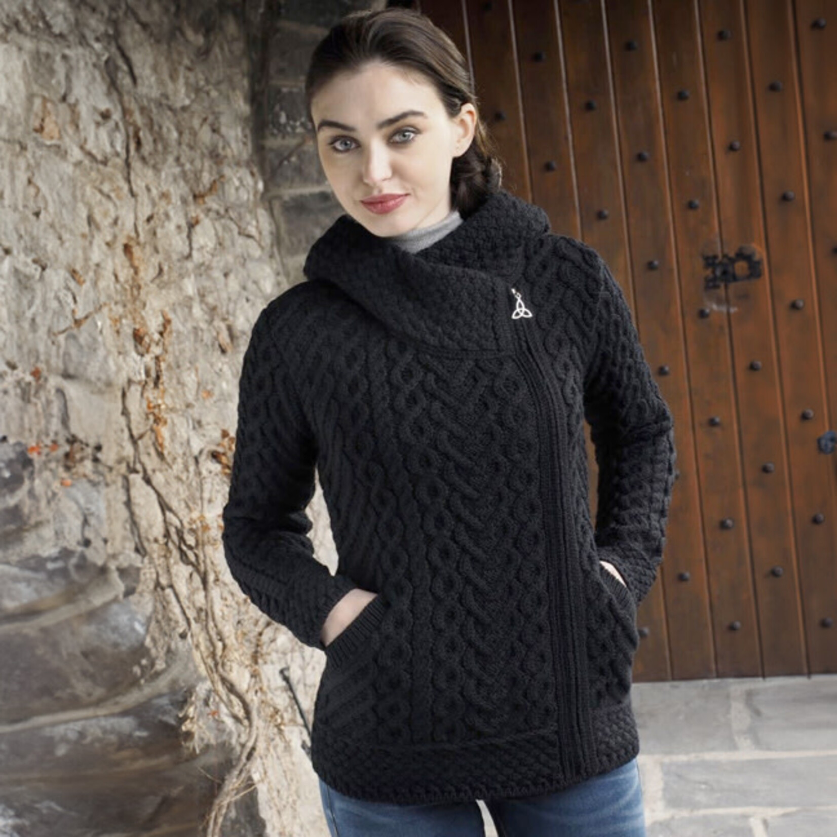 SWEATERS KILKENNY SIDE ZIP CARDIGAN with HOOD - Black