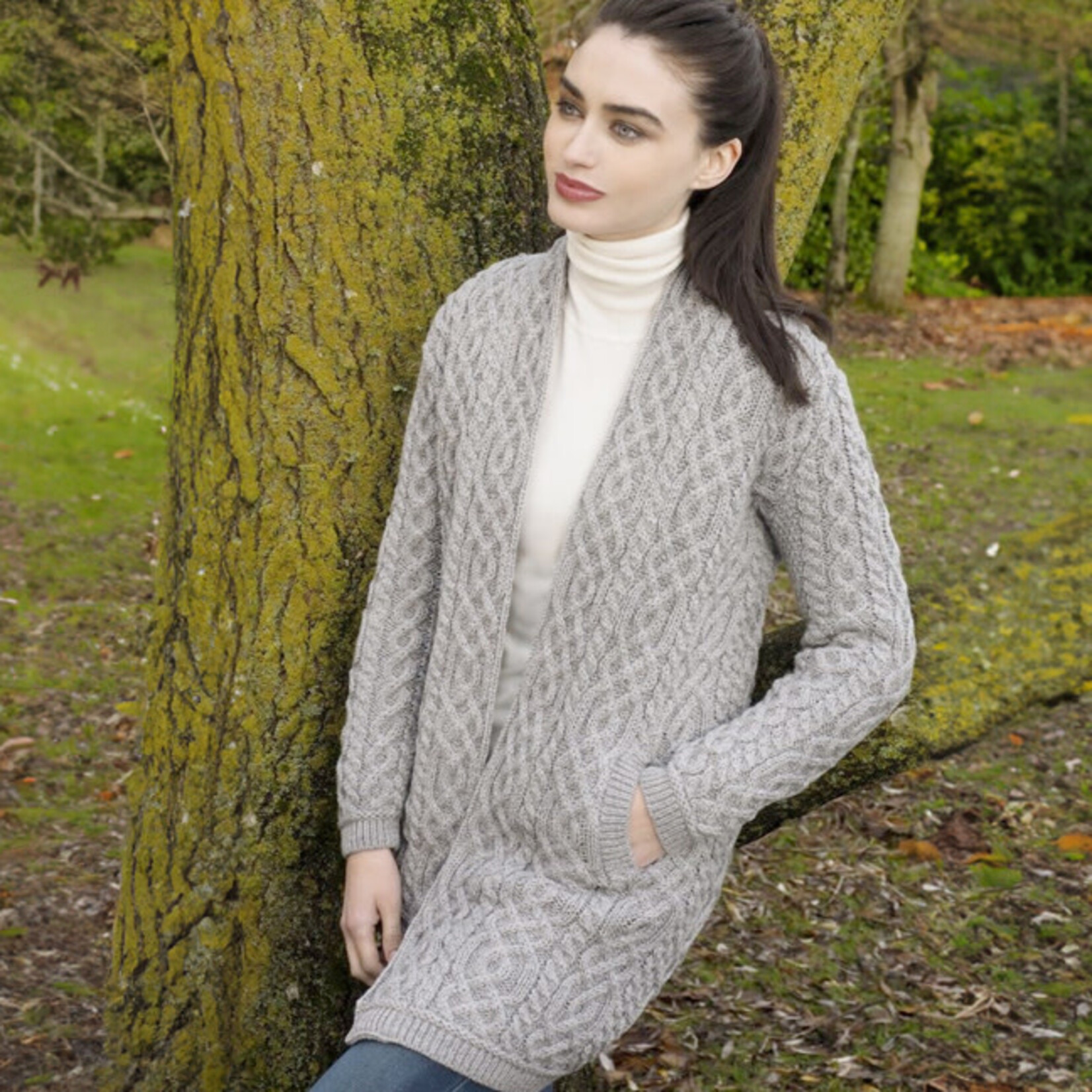 SWEATSHIRTS CLARE CELTIC BRAID EDGE KNIT SWEATER COAT - Soft Grey