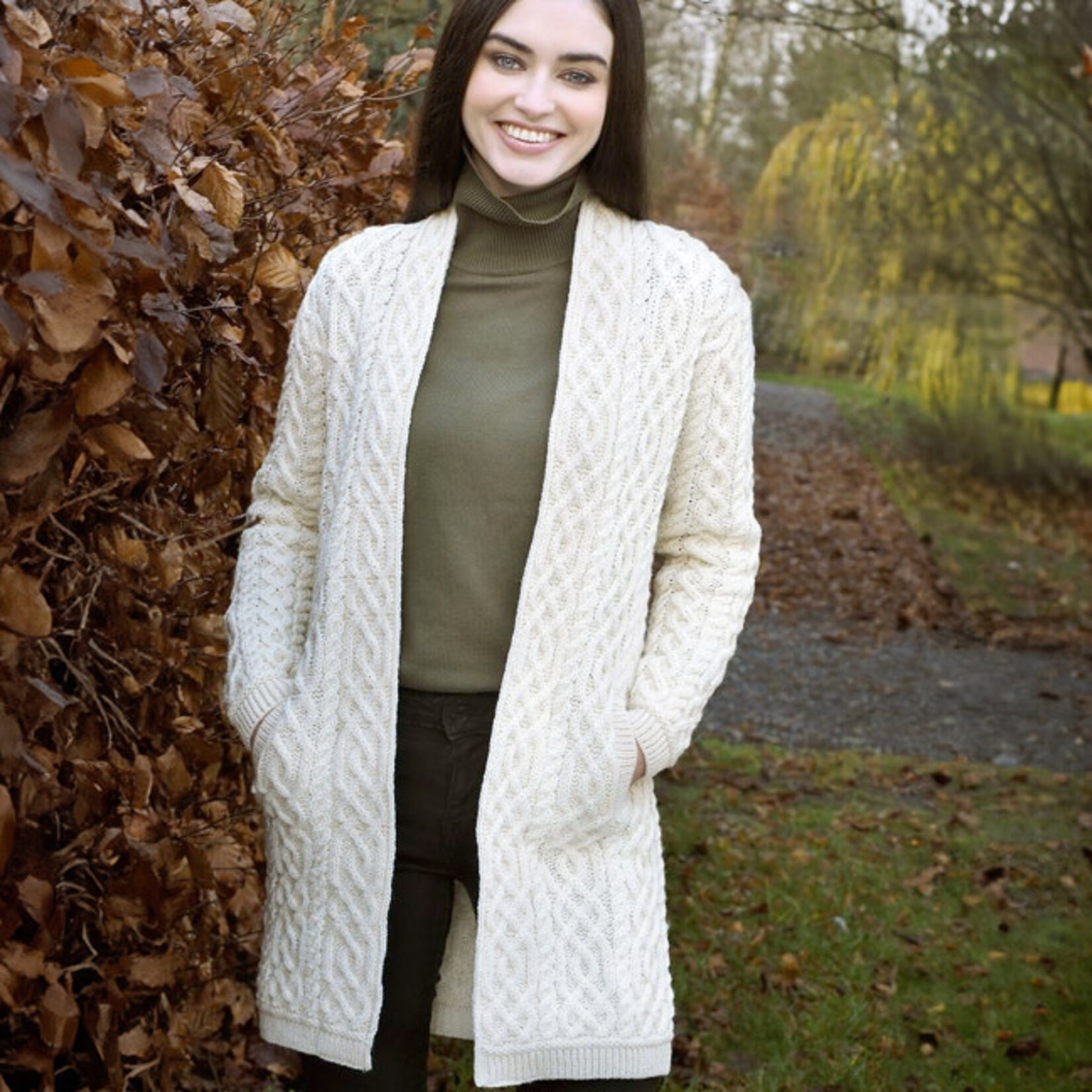 SWEATERS CLARE CELTIC BRAID EDGE KNIT SWEATER COAT - Natural