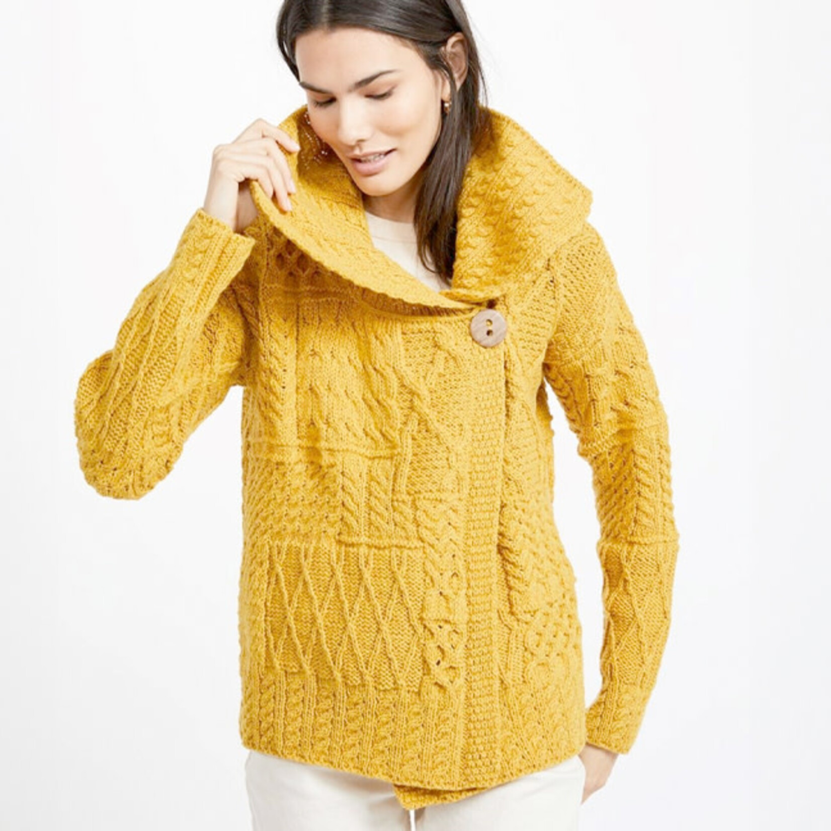 SWEATERS ARAN PATCHWORK ONE BUTTON CARDIGAN - Sunshine