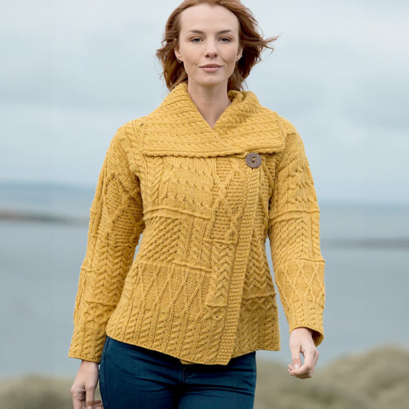 SWEATERS ARAN PATCHWORK ONE BUTTON CARDIGAN - Sunshine