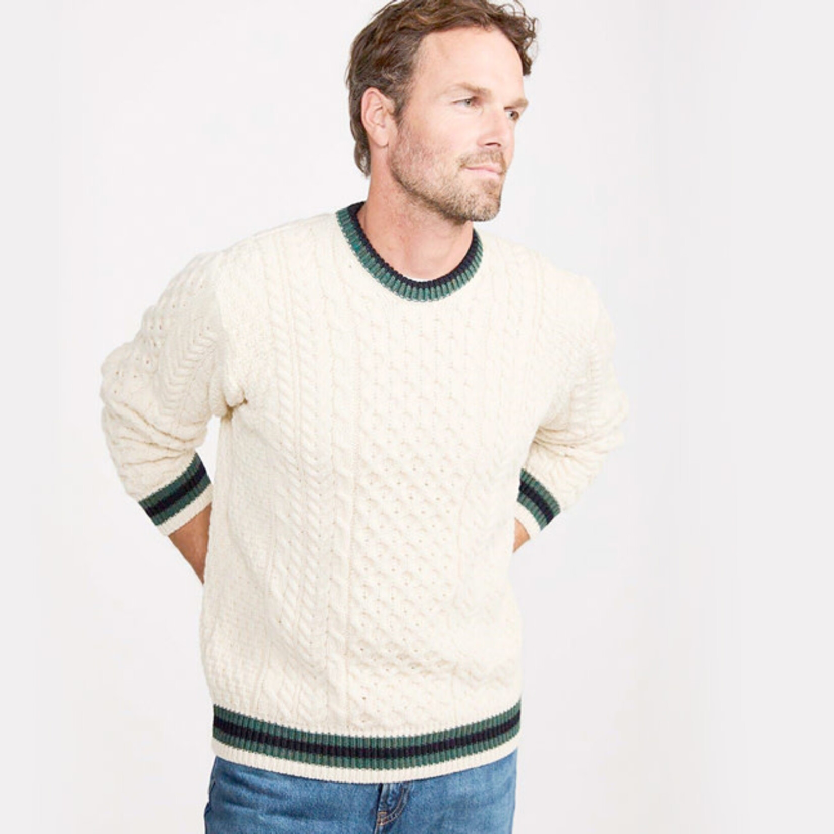 SWEATERS ARAN KNIT STRIPE CREW NECK SWEATER - Natural/Grn