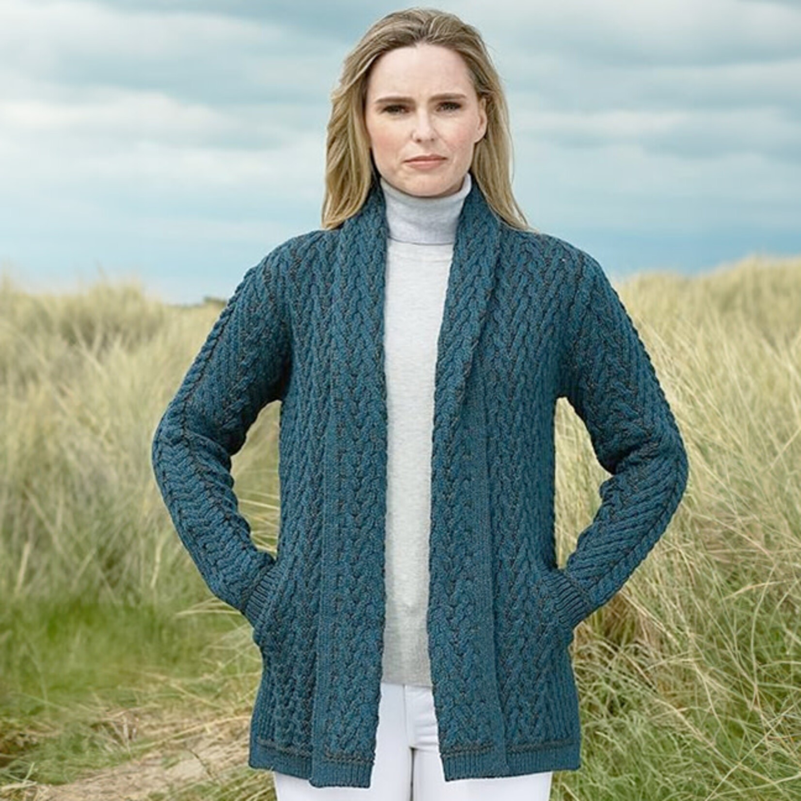 SWEATERS CLEARANCE: KILLALA HERRINGBONE EDGE TO EDGE CARDIGAN - Mallard Mix: FINAL SALE