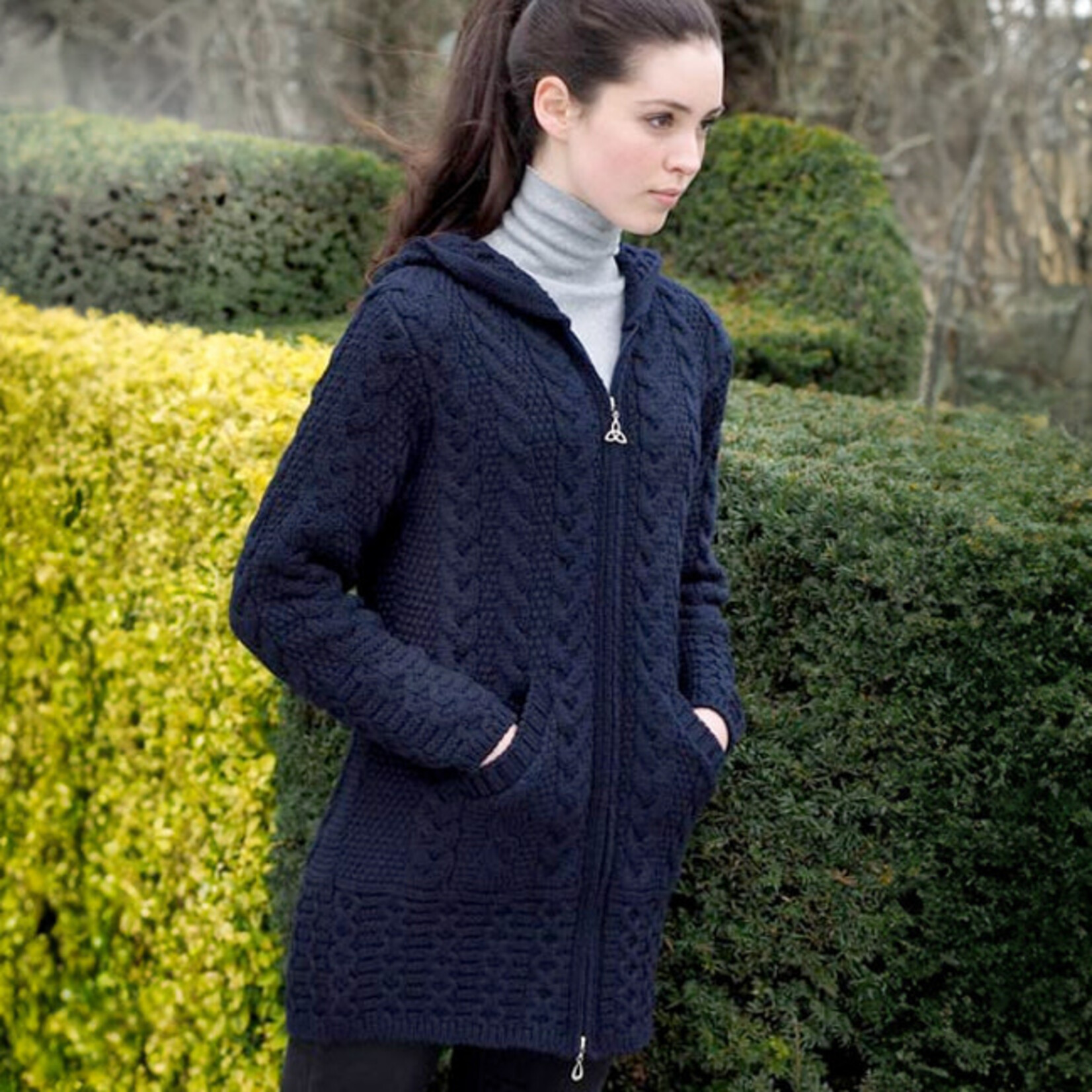 SWEATERS GALWAY HOODED COAT with CELTIC KNOT ZIPPER - Navy