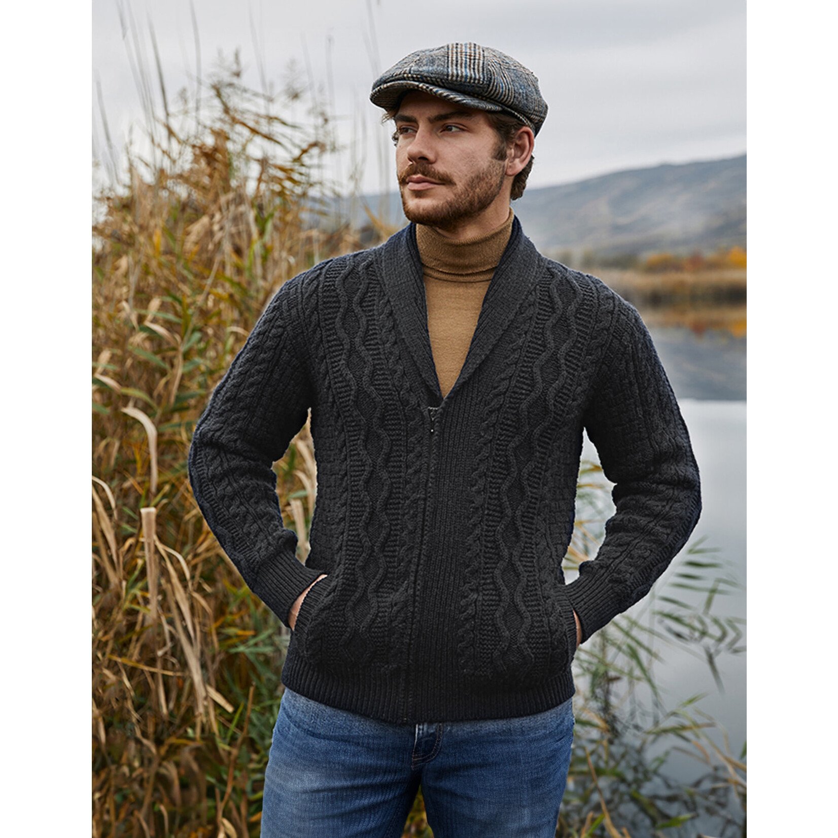 SWEATERS CLEARANCE: SAOL MENS ZIPPER KNIT CARDIGAN - Charcoal :FINAL SALE