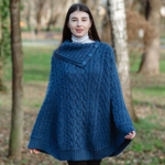 CAPES & RUANAS CLEARANCE: SAOL COWL NECK BUTTON PONCHO - Marl Blue :FINAL SALE