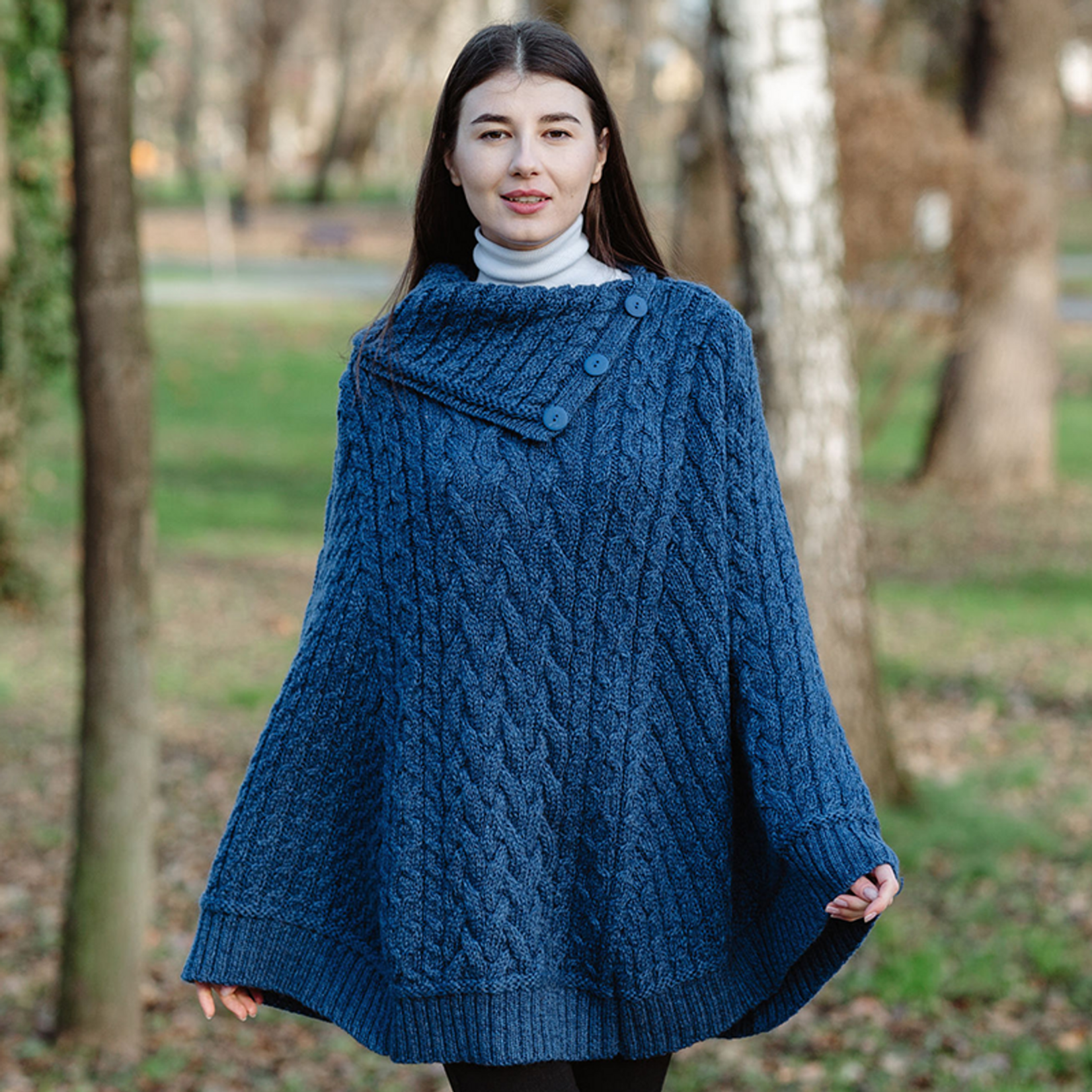 CAPES & RUANAS CLEARANCE: SAOL COWL NECK BUTTON PONCHO - Marl Blue :FINAL SALE