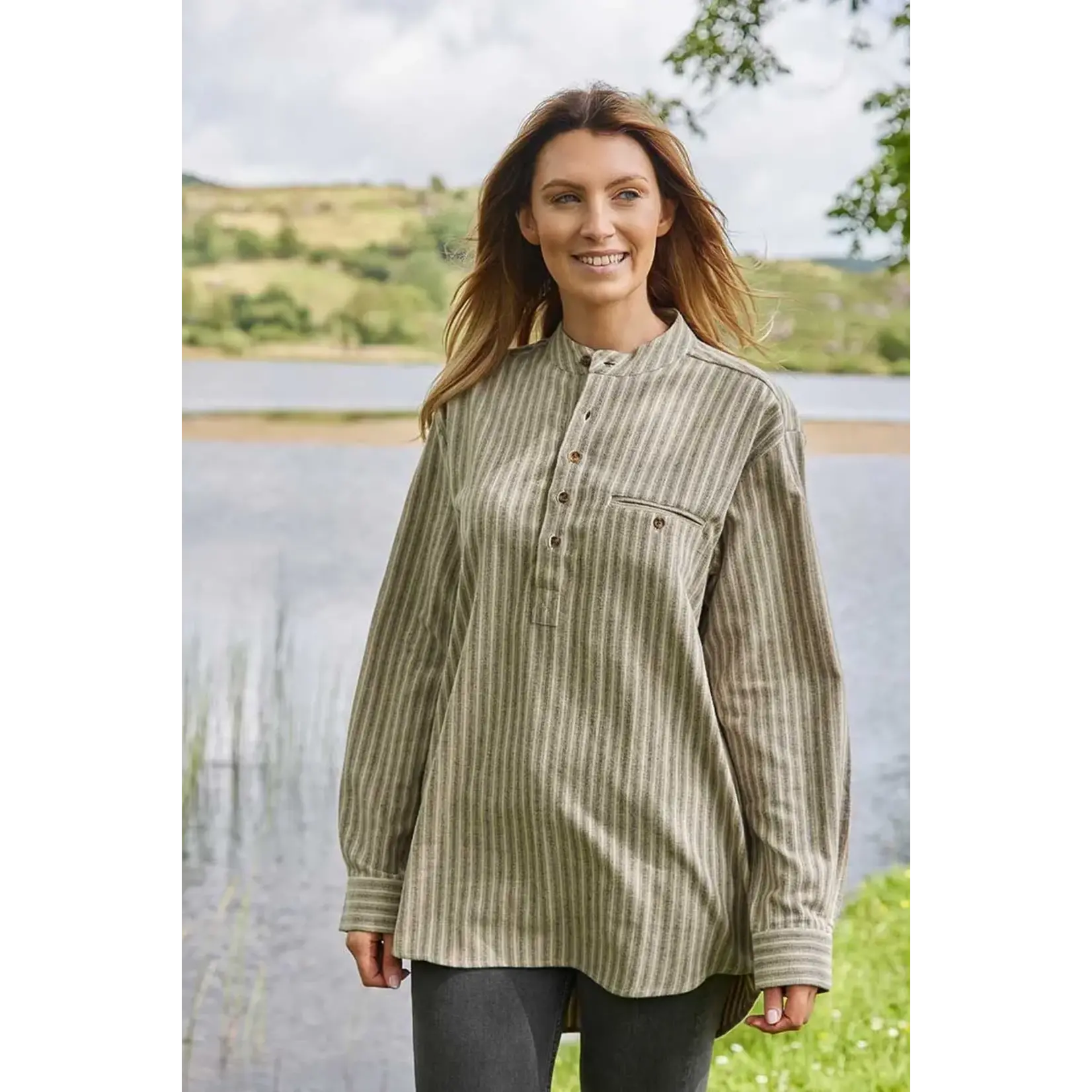 SHIRTS GRANDFATHER SHIRT - Beige Green Maroon Stripe