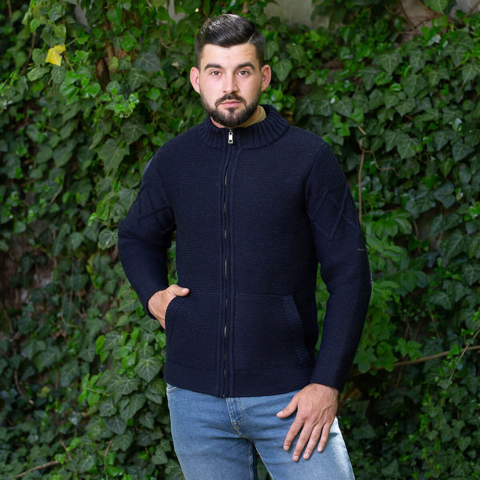 SWEATERS CLEARANCE: SAOL GENTS FULL-ZIP CABLE KNIT CARDIGAN - Navy :FINAL SALE