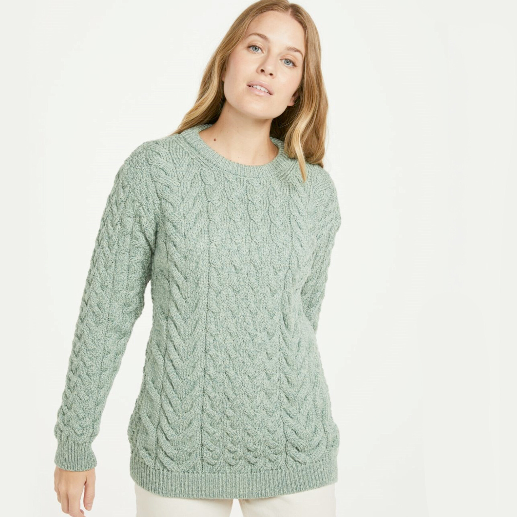 SWEATERS ARAN KNIT WOOLEN CREW NECK SWEATER - Lt Grn
