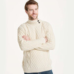 SWEATERS ARAN HIGH NECK BUTTON SWEATER - Natural